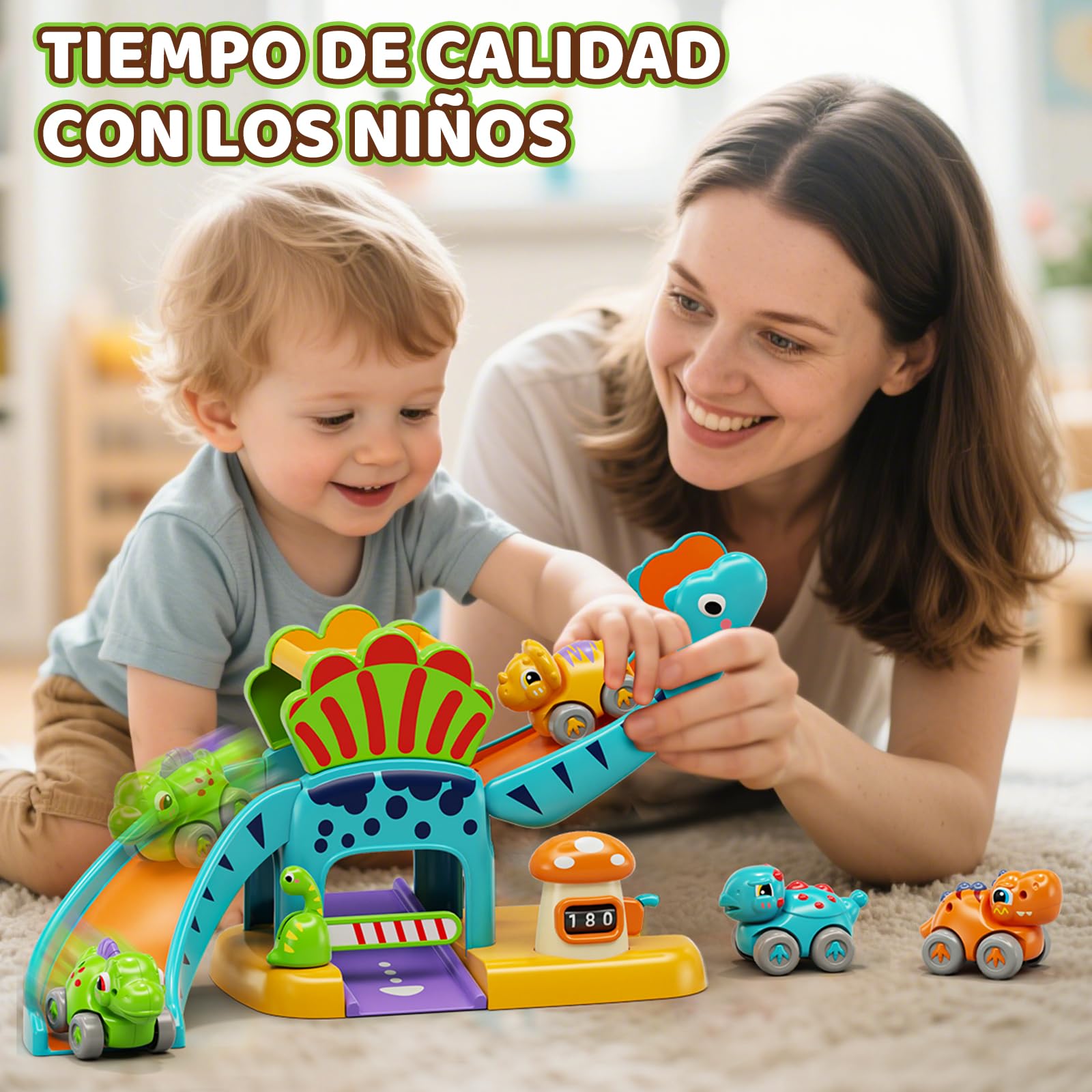 Lehoo Castle Coche de Dinosaurios para Niños 1 2 3 Años, Juguete Educativo con Tobogán y Aparcamiento, Desarrollo Motricidad y Creatividad, Regalo para Niños y Niñas 1-3 Años