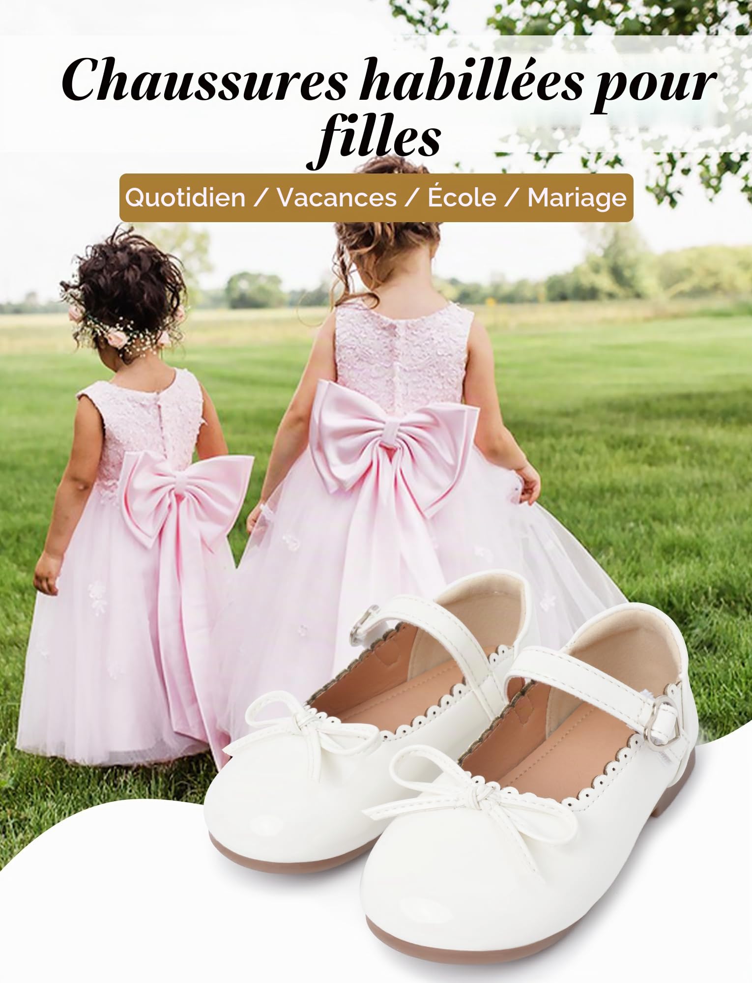 Chaussures Ballerines Enfants Filles Chaussures de Princesse en Cuir Brillant Mary Jane Plat Antidérapante Chaussure Mariage Léger Blanc 29 EU