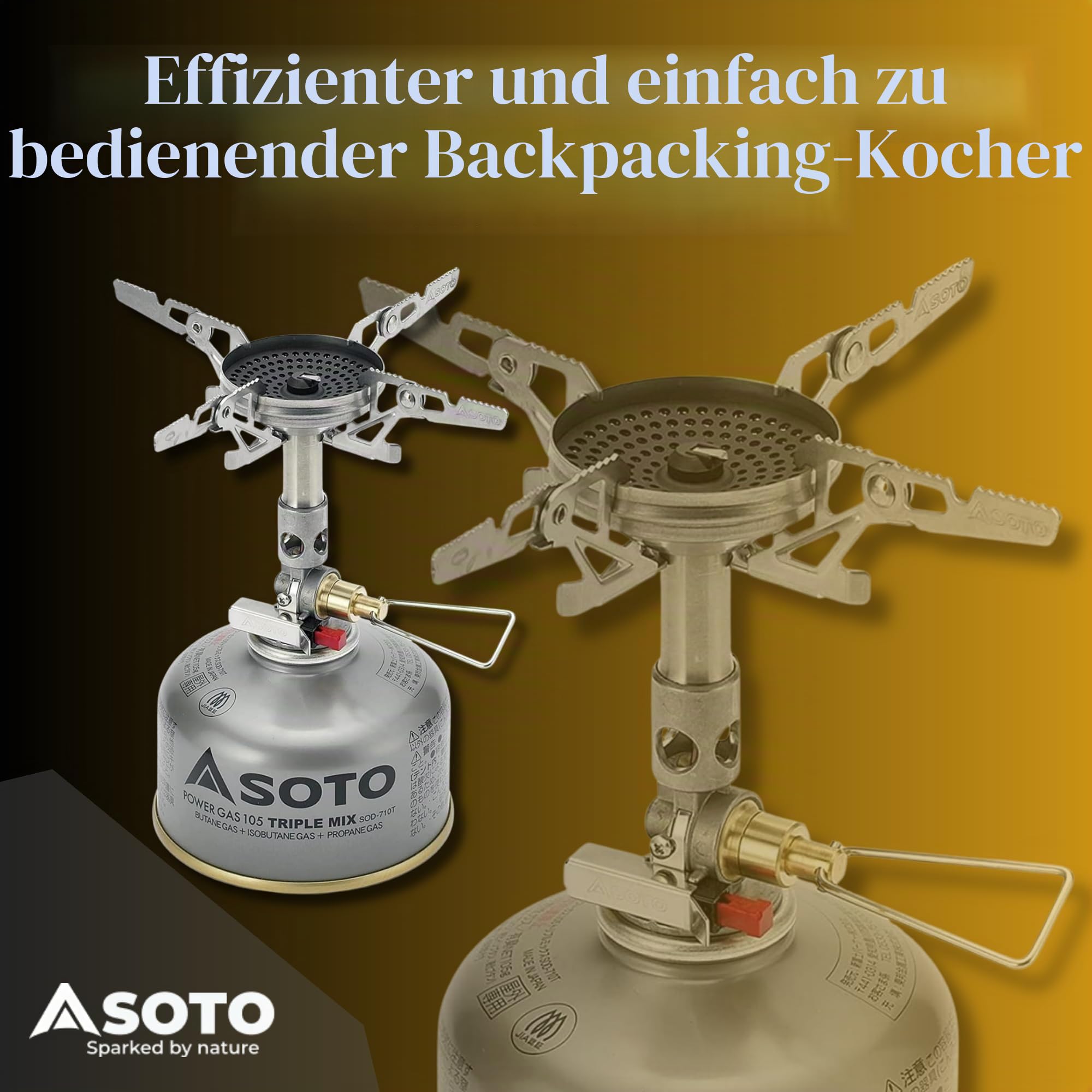 SOTO WindMaster Gaskocher mit Windschutz, ultraleicht 87 g, 3260 W | Erhöhter Rand am Brennerkopf schützt vor Wind; Micro Regulator für Kälte; leise; Piezo-Zündung; inkl. 4Flex; für Camping