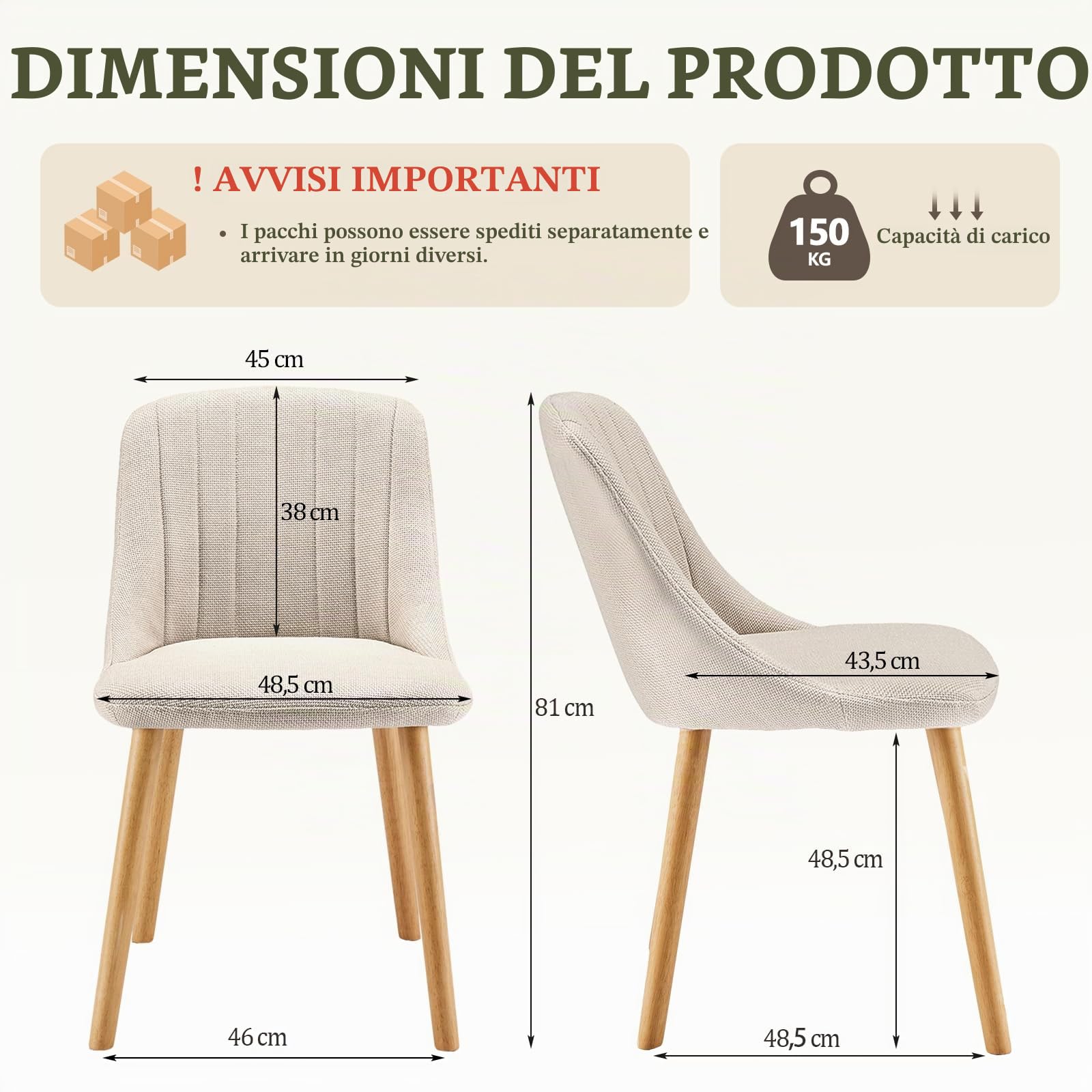 Sedie Sala da Pranzo Beige Sedie Cucina Set da 6 Imbottite Sedia da Soggiorno in Poliestere con Gambe e Schienale in Legno Massiccio