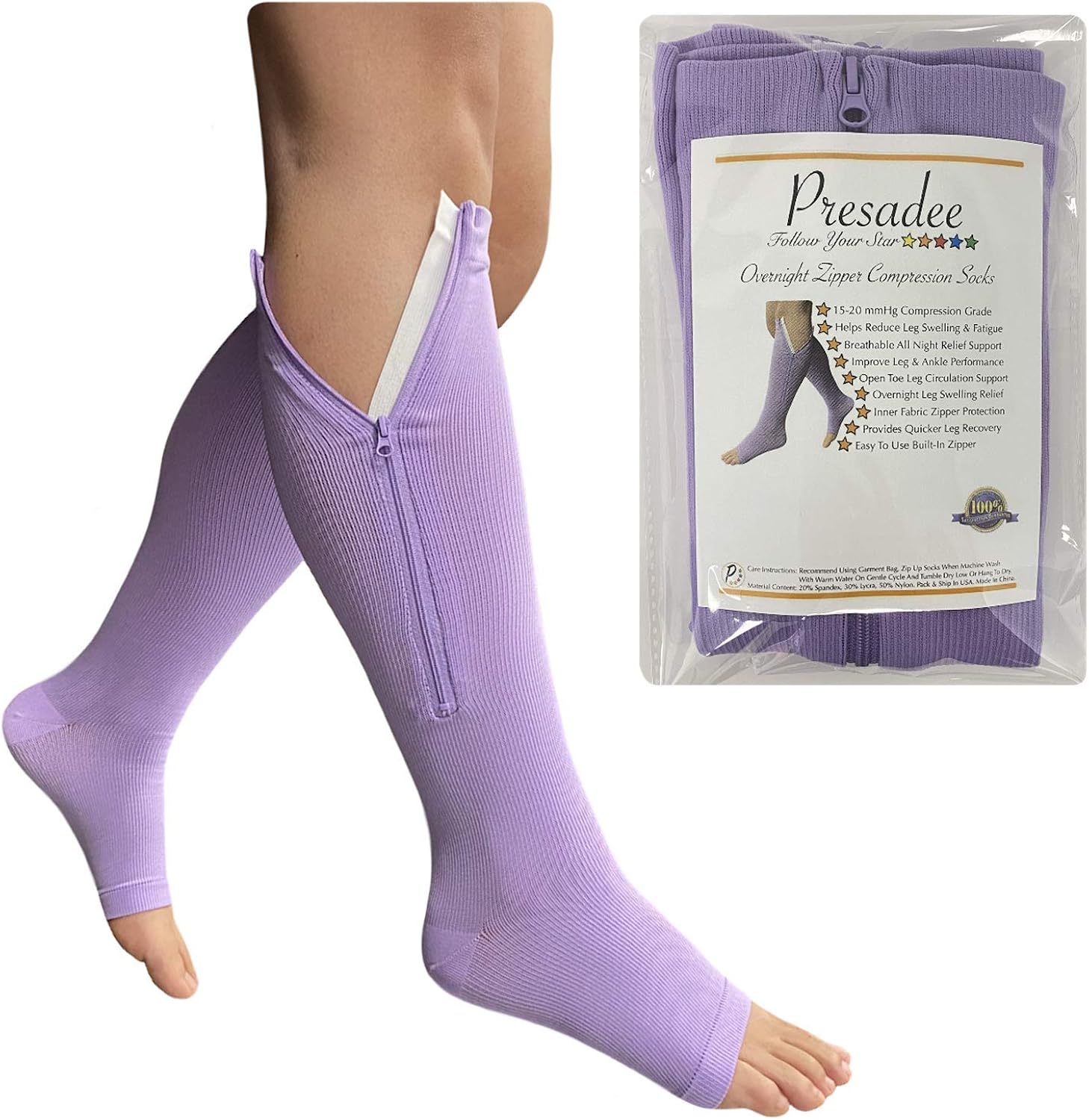 Presadee Open Toe 1520 mmHg Zipper Compression Overnight Leg Relief