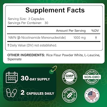 NMN Supplement 1000mg Per Serving for Adults NAD+ Precursor for Cellular Energy & Healthy Aging Support High Purity NMN Capsules Non-GMO Vegan Formula 60 Capsules