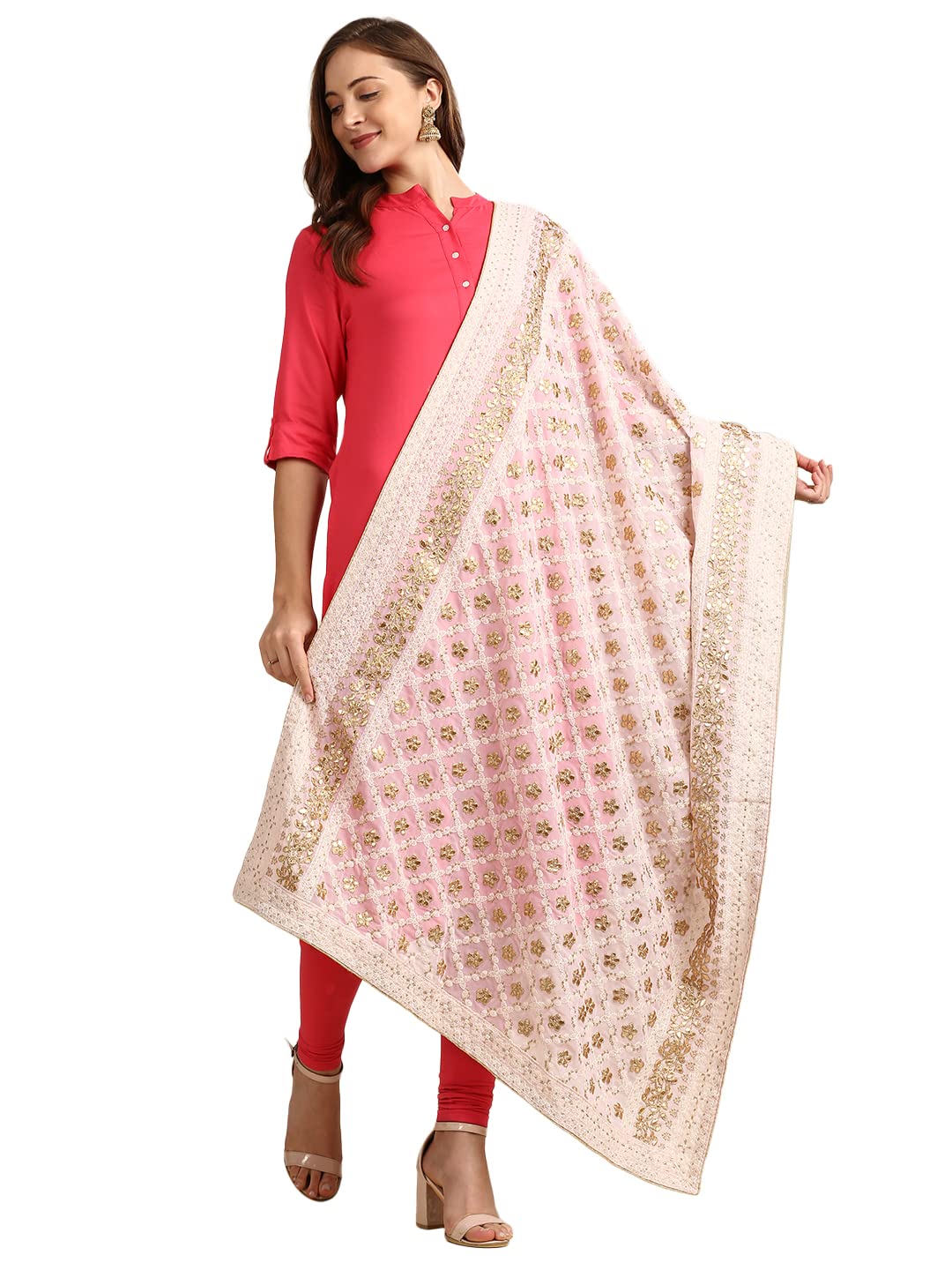 dupatta bazaar Women's Baby Pink Georgette Lucknowi Work dupatta with Gotta Patti Work-picture-14