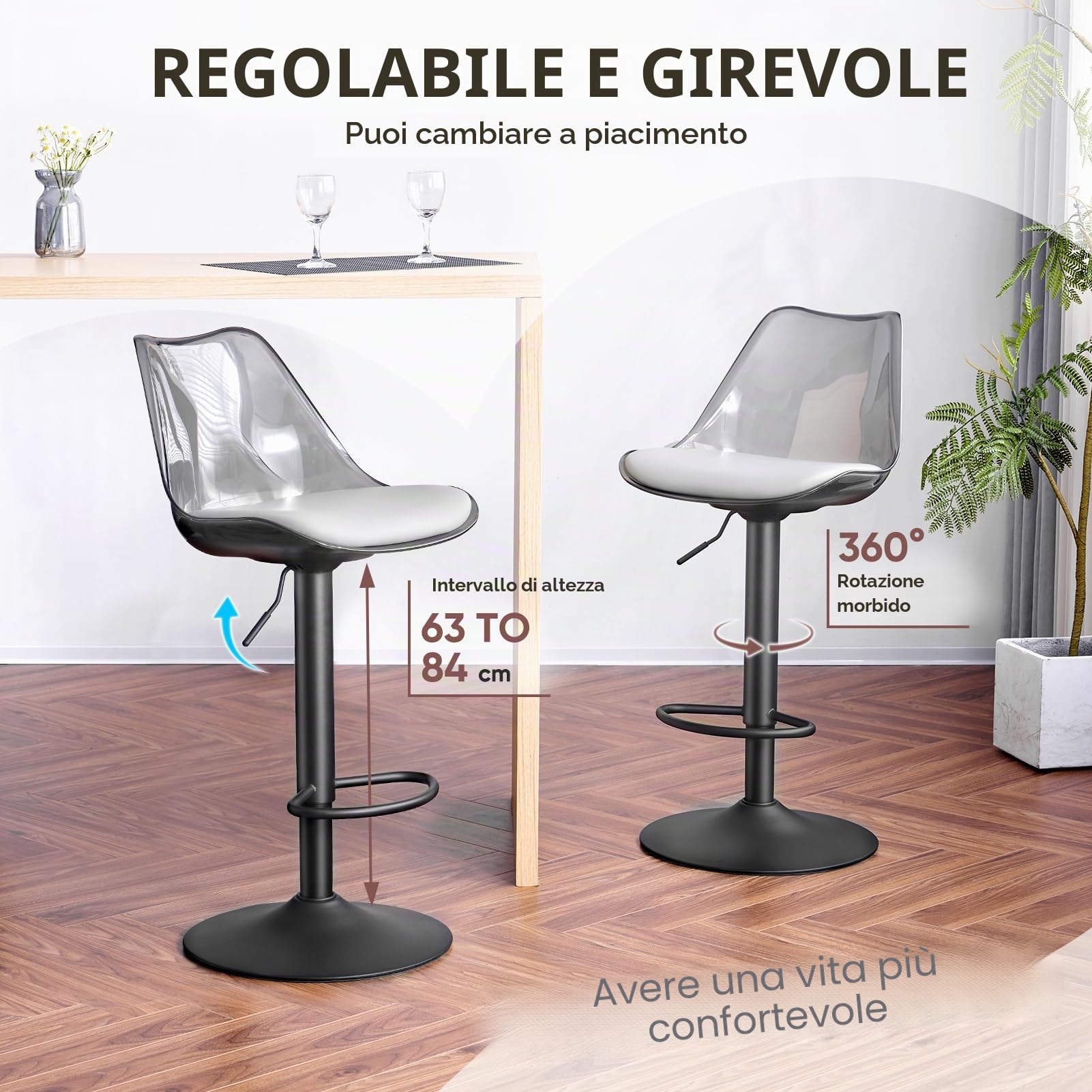 SEPNINE Sgabelli Cucina Set di 4, Sgabelli da Bar Moderni Design, Sgabello Alto con Schienale Trasparente, Sgabello Cucina Regolabile in Altezza per Sala da Pranzo, Bar Nero/Grigio