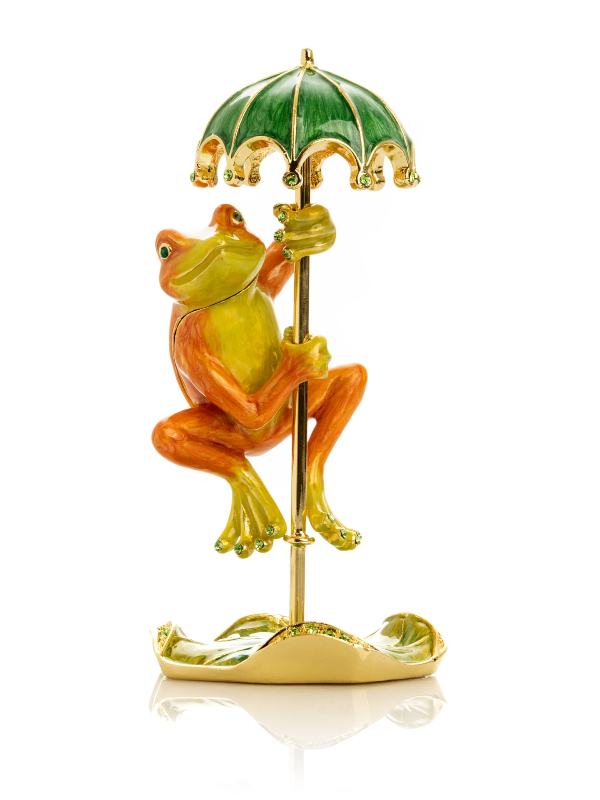 Keren Kopal Green Rainy Day Orange Frog With Umbrella Trinket Box