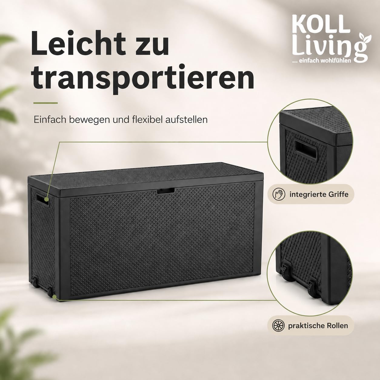 Koll Living Pudełko do przechowywania/poduszki 270 litrów – suche i dobrze wentylowane miejsce do przechowywania poduszek do siedzenia, sprzętu ogrodowego i zabawek dla dzieci – z uchwytami i kółkami