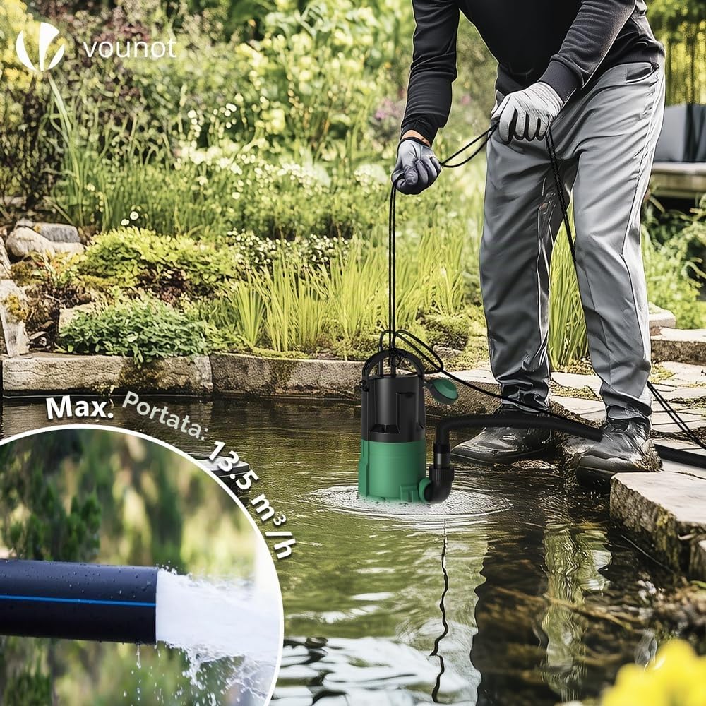 VOUNOT® 3 in 1 Pompa Sommersa, Pompa Immersione per Acque Sporche e Acque Chiare, Portata Max 13500 l/h, Prevalenza Max 7.5 m, Immersione max 7m, con Interruttore a Galleggiante, Verde