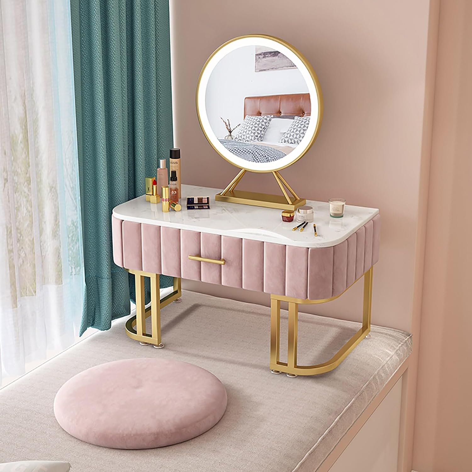 Marble Dressing Table Makeup Vanity Desk with Mirror Modern Vanities Table Storage Drawers for Girls Women Bedroom(Pink,50x40x40cm)
