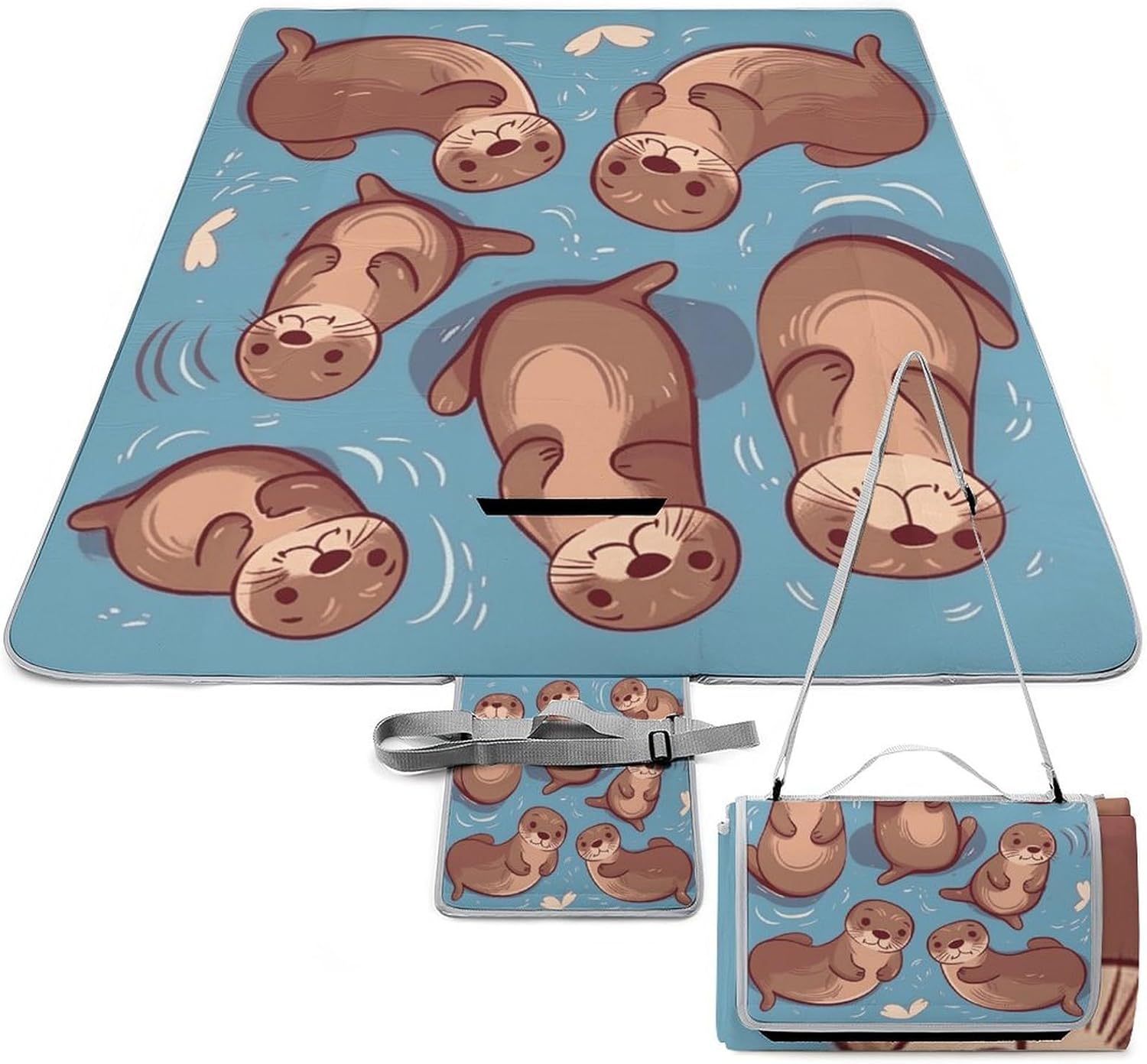Animal Cute Brown Otters Waterproof Picnic Blanket 58.3''x58.3'',Portable and Foldable Picnic Mat with Handle,Outdoor Blankets for Lawn Park Beach Travel