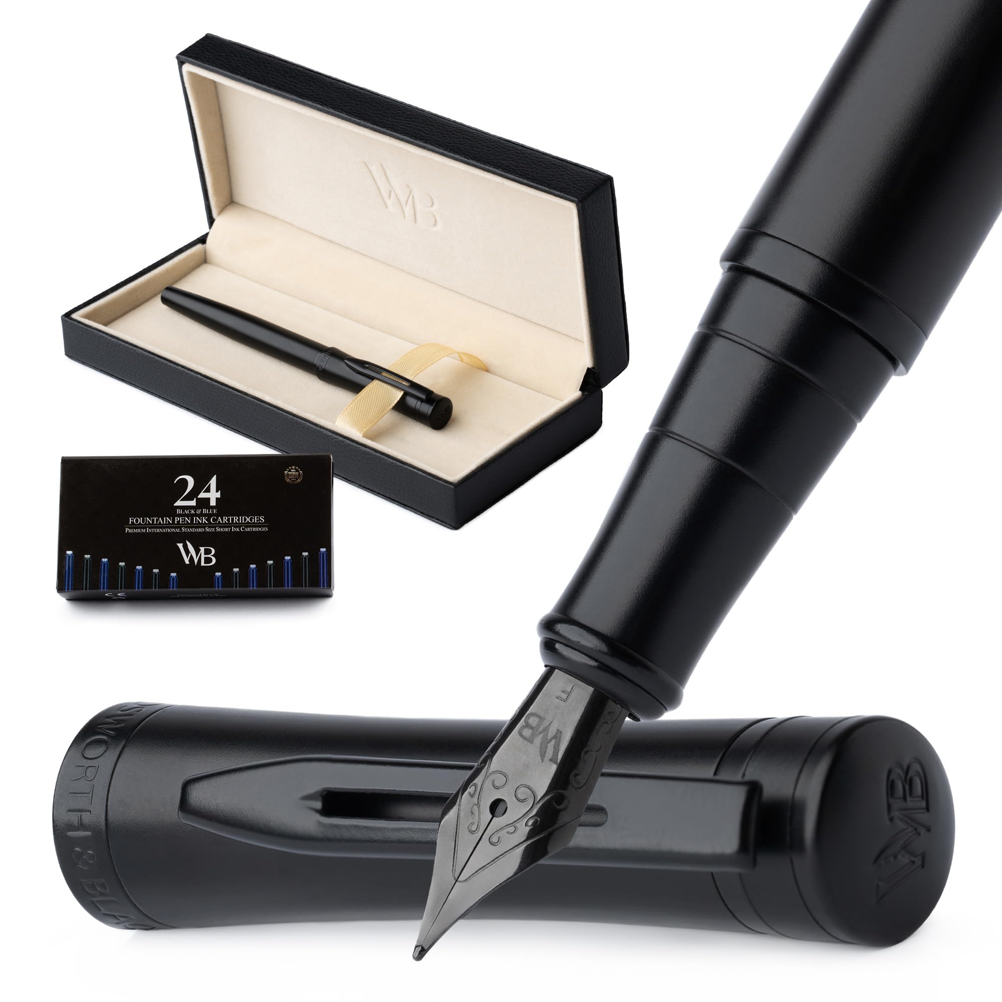 Wordsworth & Black Fountain Pen Set, Fine Point, 24 Ink Cartridges, Ink Refill Converter & Gift Box, Calligraphy, [All Black], Unisex : Office Products