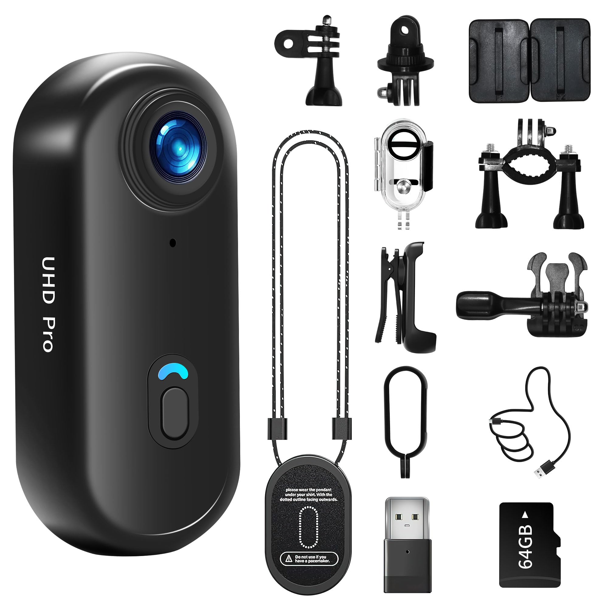 Action camera 4K con scheda di memoria, mini videocamera da corpo, WiFi, clip magnetica, registrazione a mani libere, custodia impermeabile da montare ovunque, per sport, vlogging, ciclismo (nero, 65