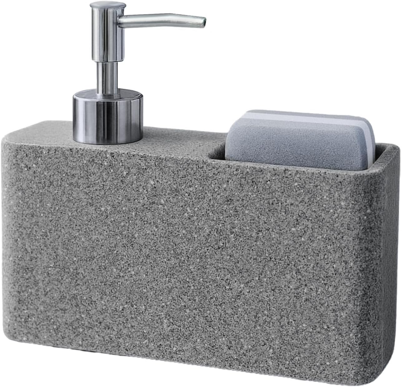 Havara Dish and Hand Soap Dispenser for Kitchen, Granite Resin Soap Pump | Sponge Holder, Countertop Caddy, Non-Slip Base, Easy Refill, Stone Gray