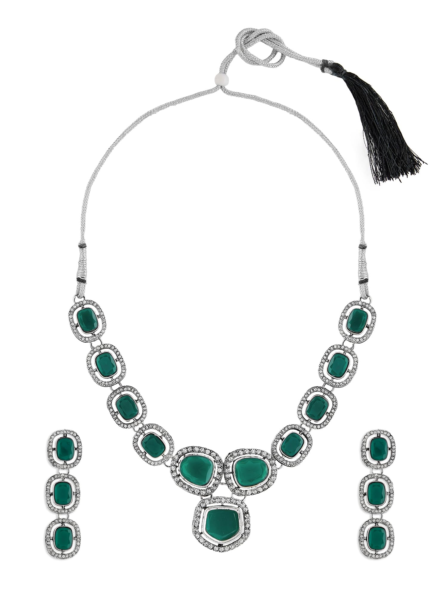 ZAVERI PEARLS Green Dazzling Stones Antique Silver Plated Necklace & Earring Set For Women-ZPFK18098 (B0D3PYSZMQ) Amazon Price History, Amazon Price Tracker