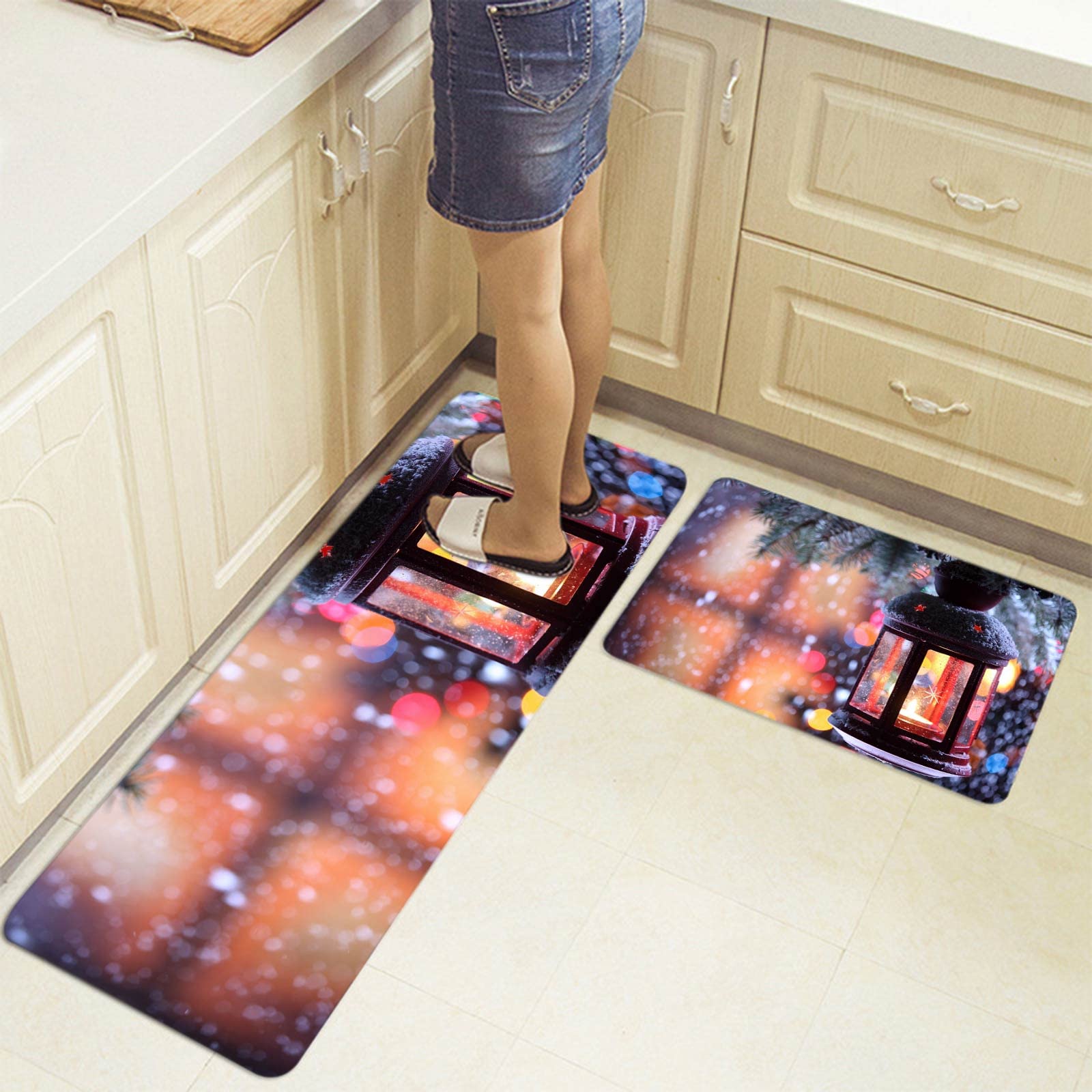Tappetino Cucina Lungo, Zerbino Personalizzato Home Multicolori Lanterna del Vento nella Neve 50X80cm+50X160cm Ideale per Interni Domestici