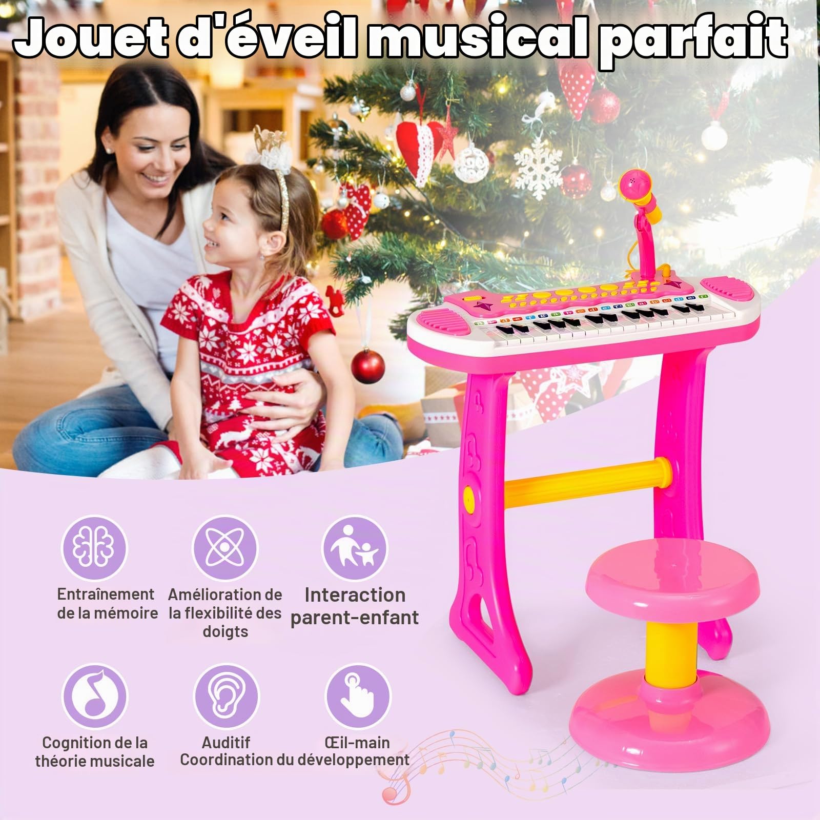 KOMFOTTEU Clavier pour Enfants 31 Touches avec Effets sonores Lumineux & Microphone, Piano électronique Jouet INCL. Clavier pour Enfants 22 Beat/8 Tons/7 rythmes (Rose)