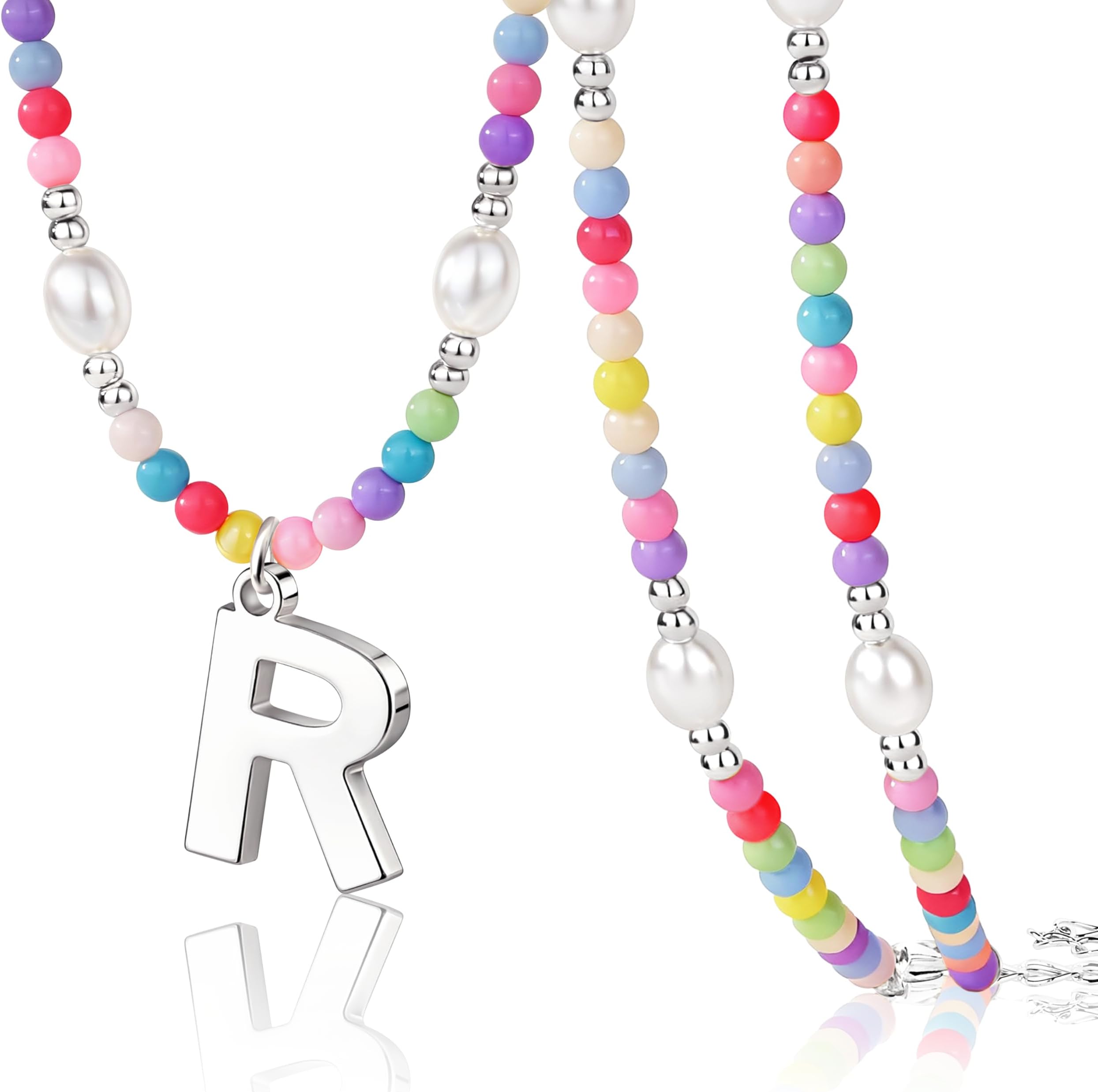 Colorful Initial Necklace for Girls – Trendy Dainty Beaded Choker with Letter Pendant, 14K Gold Plated, Cute Personalized Jewelry Gift for Kids, Teens, Women, Birthday, Christmas, Lockets