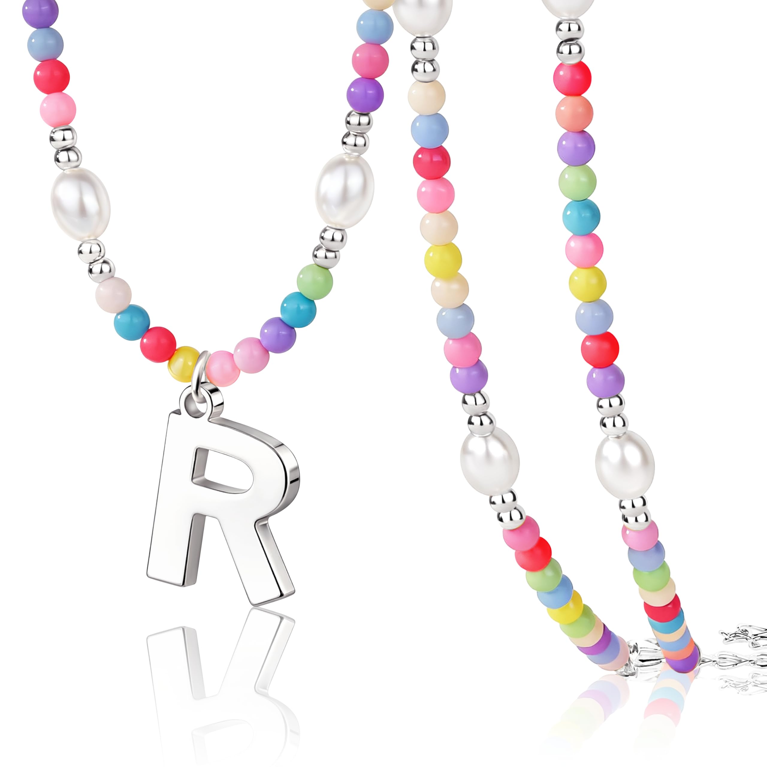 Colorful Initial Necklace for Girls – Trendy Dainty Beaded Choker with Letter Pendant, 14K Gold Plated, Cute Personalized Jewelry Gift for Kids, Teens, Women, Birthday, Christmas, Lockets