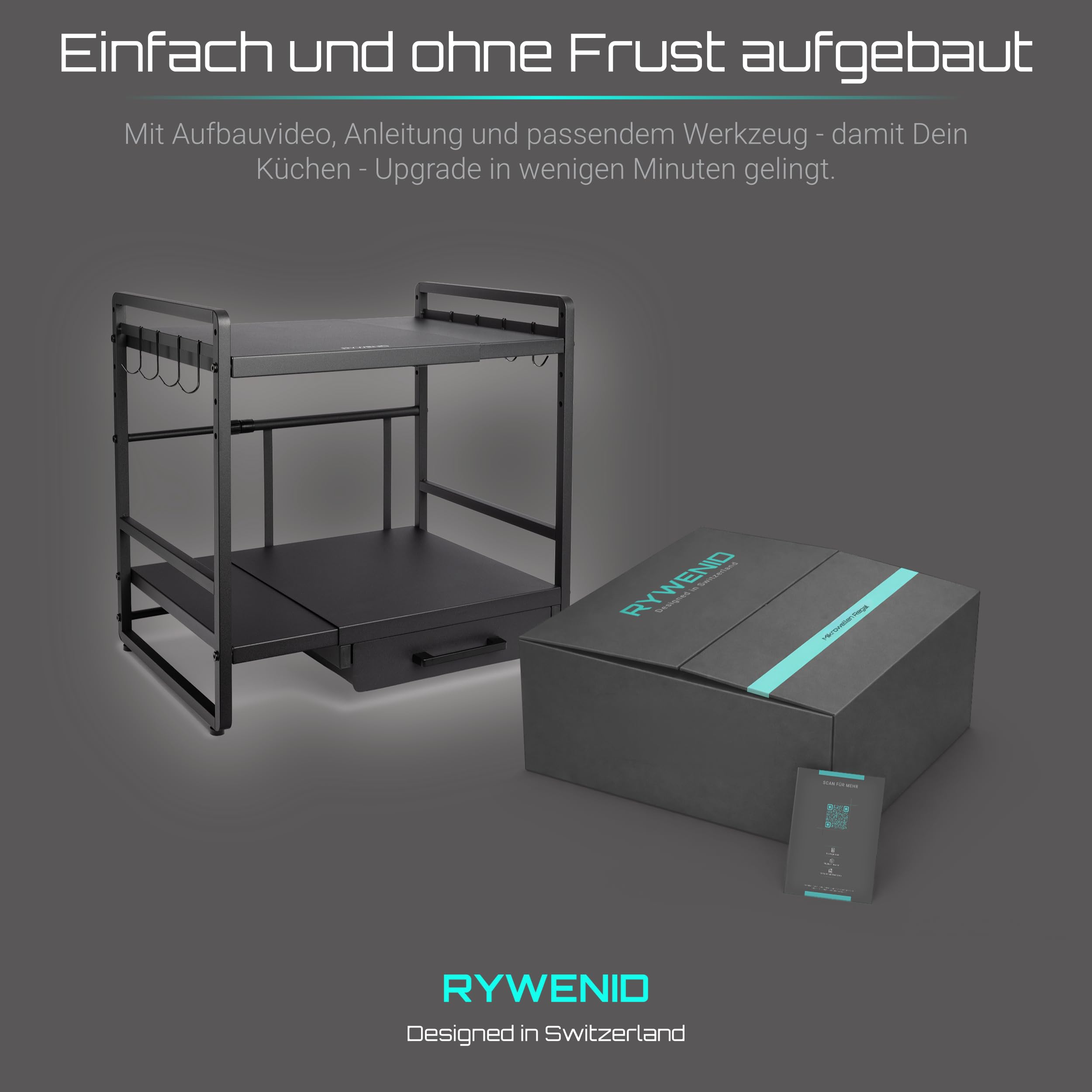 Mikrowellenregal mit Schublade höhenverstellbar, Regal Mikrowelle schwarz | Küchenorganizer Regal für Arbeitsplatte, stabil bis 50kg, erweiterbar 40-64cm, Küchenregal für maximale Ordnung in der Küche
