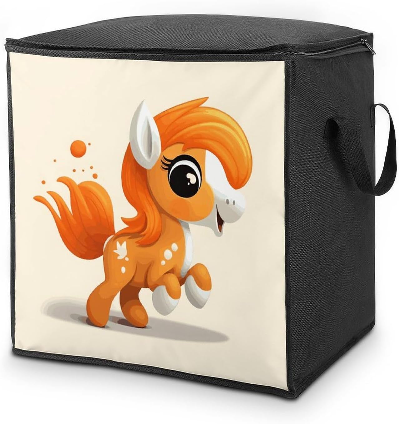 Portable Quilt Storage Bag,Cute Orange Pony Printed Foldable Wardrobe Storage Box Foldable Storage Bag with Lids And Handle Large Clothing Storage Bag for Comforters Clothes Blankets Pillows