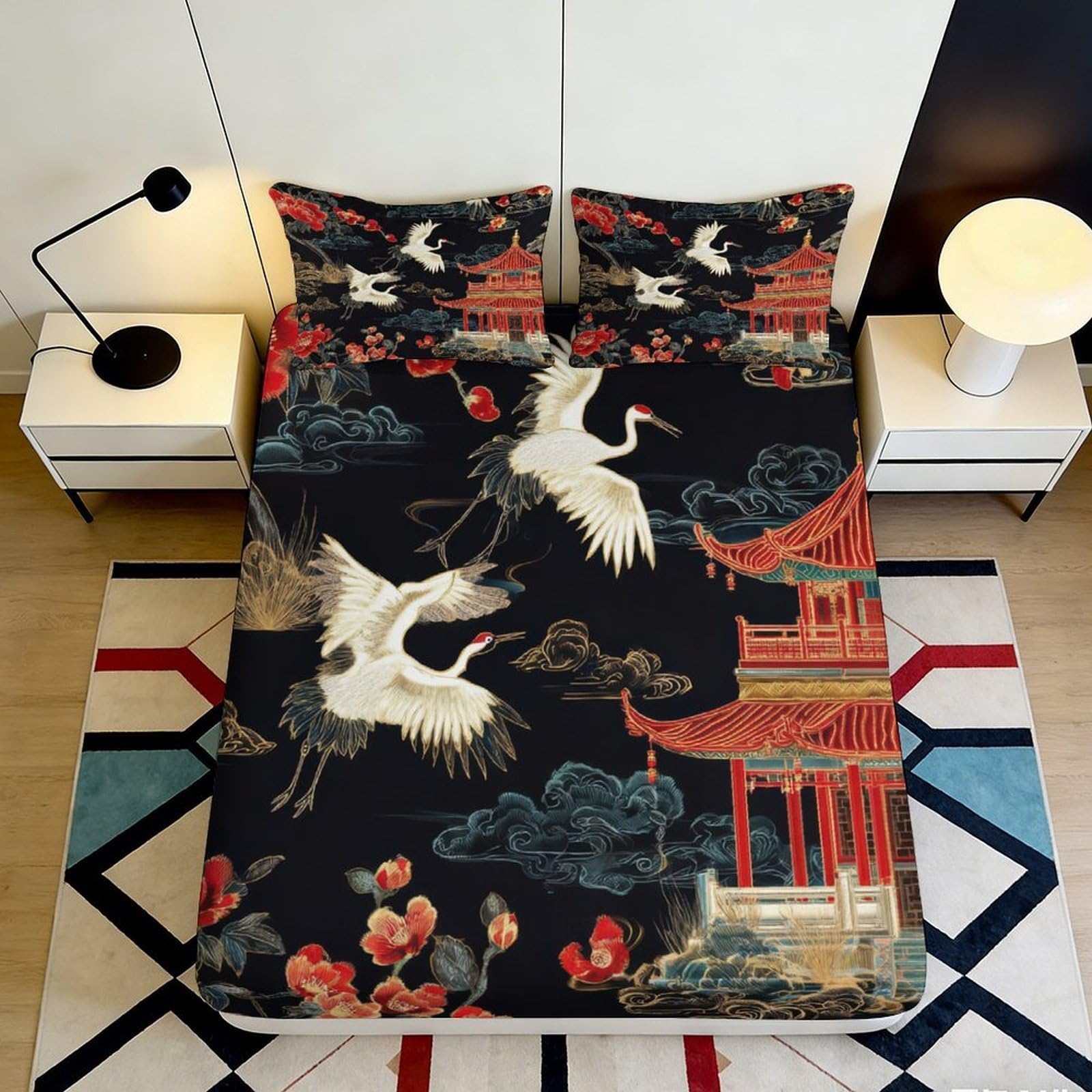 3D Printed Crane Pattern Fitted Sheet Microfiber Soft Durable Pagoda Design Bed Cover for Bedroom Dormitory Guest Room Mattress Protection 140x200x25cm