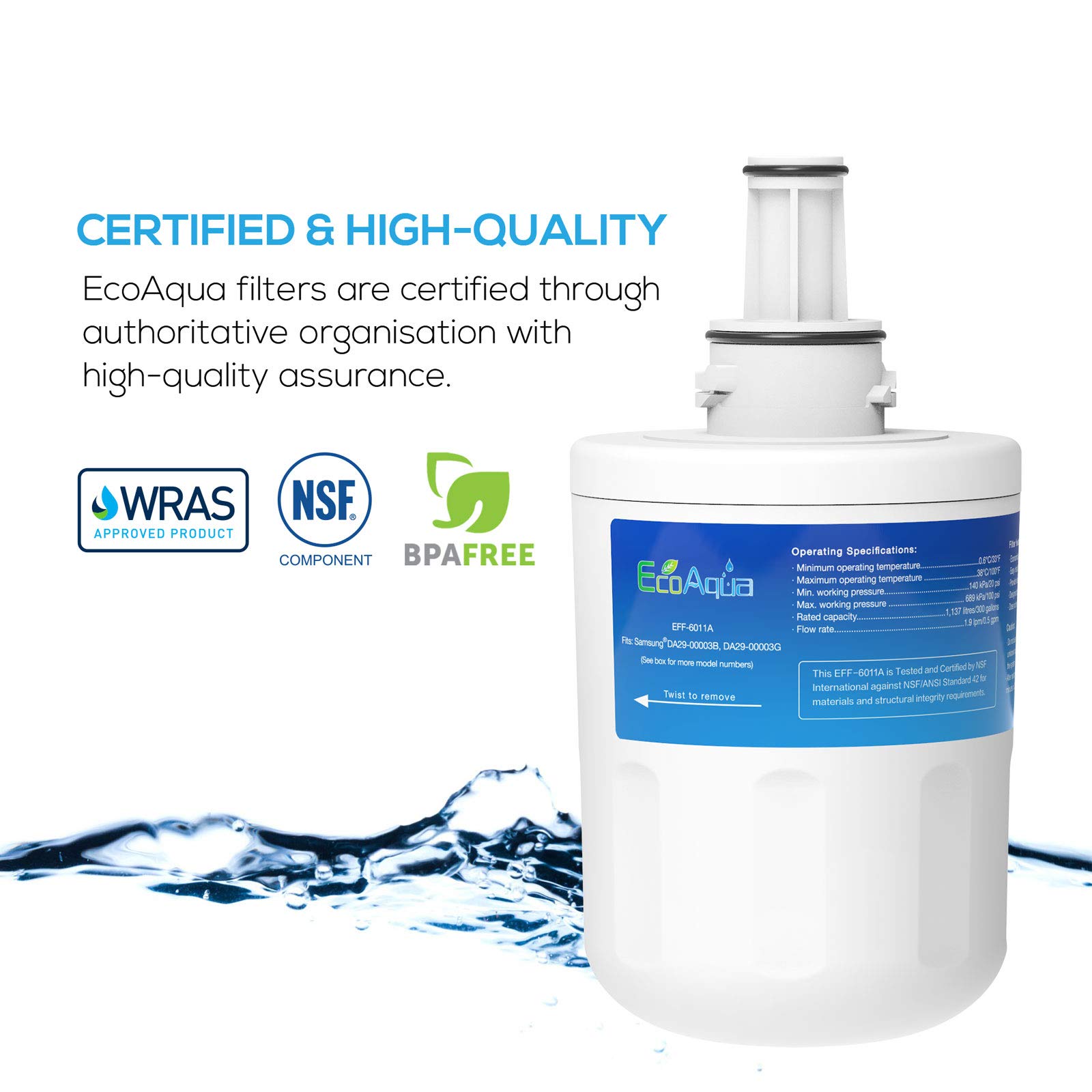 EcoAqua EFF-6011A Filtro de agua para nevera compatible con Samsung DA29-00003G, HAFCU1/XAA, HAFIN2/EXP, DA97-06317A, DA29-00003A, DA29-00003B, APP100/1, DA61-00159, SGF-DSB20, WSS-1 (1)