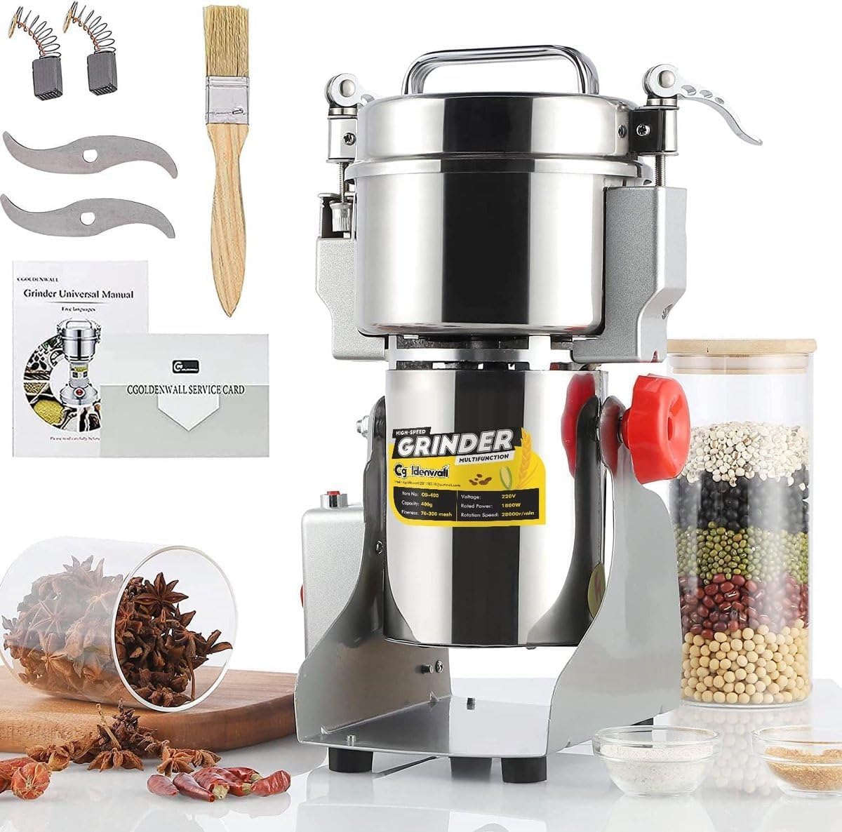 Royal Swiss® Moulin Électrique 1800W – Broyeur à Grains & Épices 350g en Inox | Moulin à Céréales, Café, Farine, Herbes | Haute Vitesse, Lames 3 Couches, Sécurité Anti-Surcharge (350g)