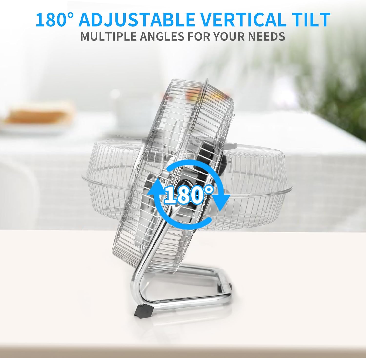 TEMPWARE 9-Inch Floor Fan showing 180-degree adjustable tilt feature