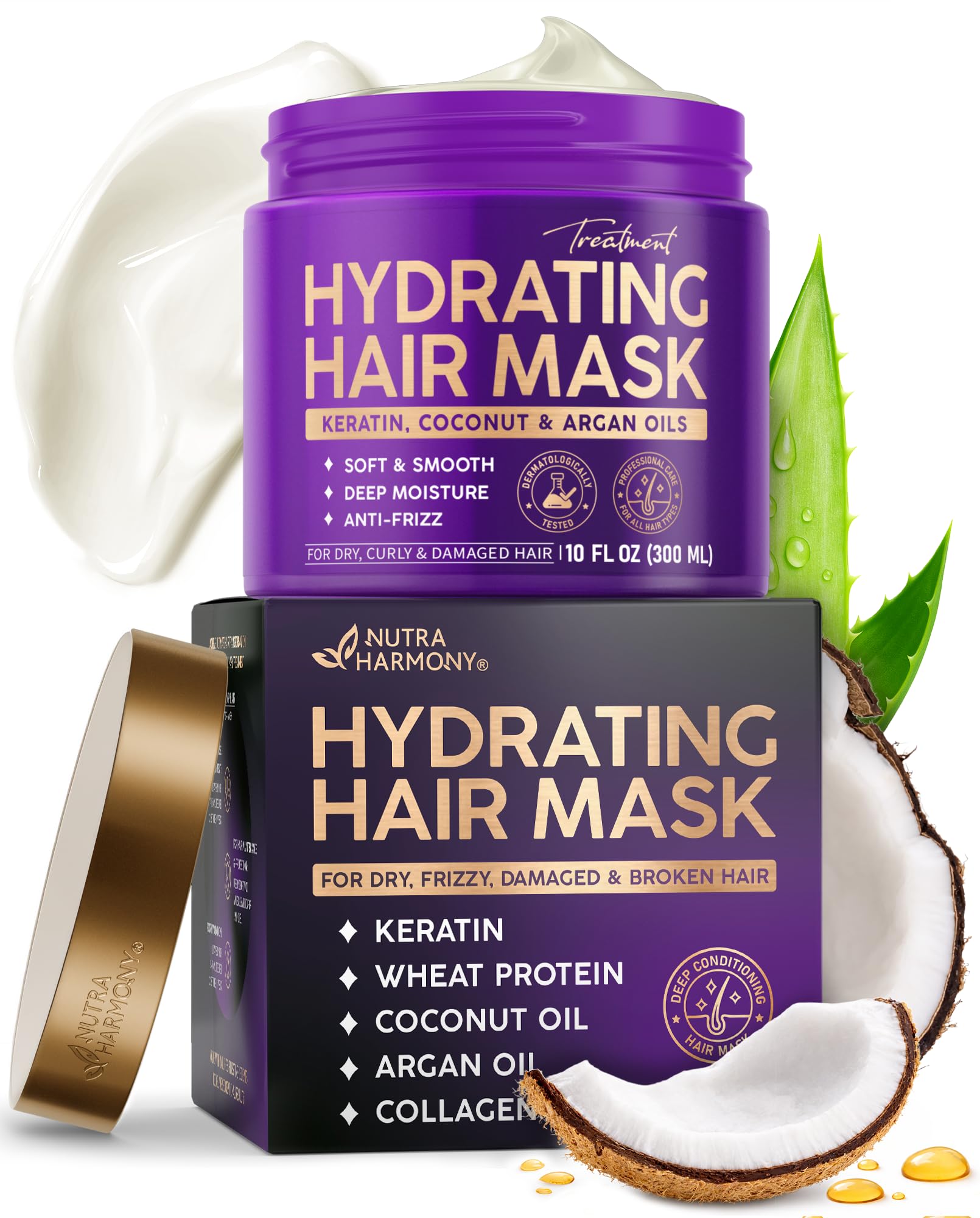 Hydrating Hair Mask – Post Hair Relaxer for Damaged & Dry – Deep Conditioning Keratin Treatment for Curly & Color-Treated – Soft, Smooth, Anti-Frizz & Split Ends Repair with Collagen, Biotin – 10 oz