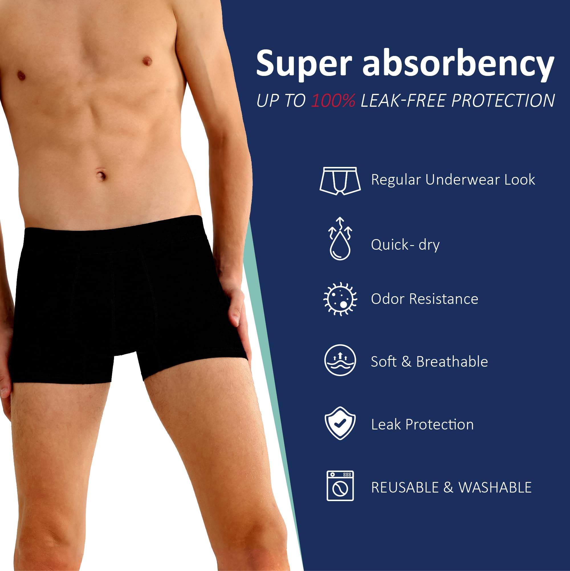 Ropa interior absorbente para incontinencia urinaria lavable para hombre, a prueba de fugas, con área absorbente frontal para control de vejiga, paquete de 2 (M, negro)