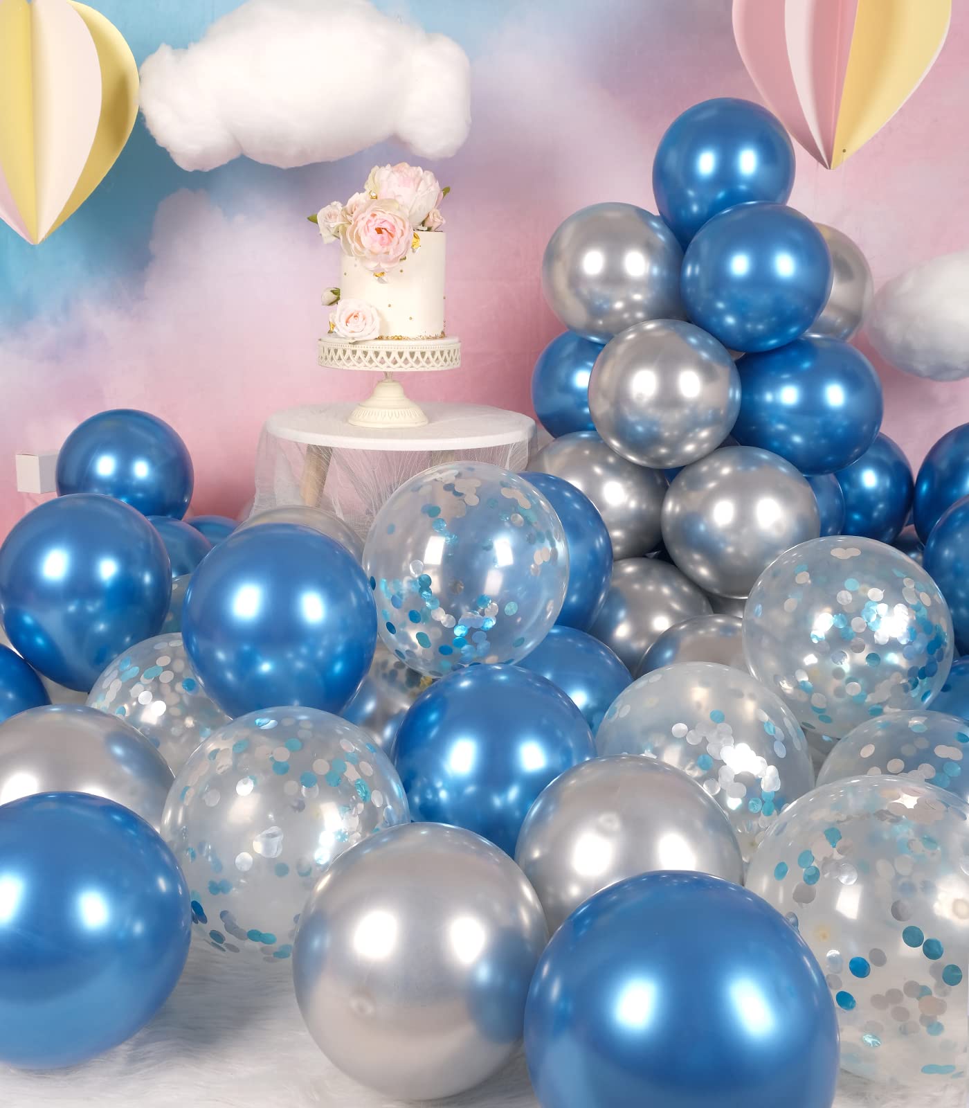 Metallic Shiny Blue and Silver Balloons 12 Inch 68PCS Silver Blue Confetti Balloons Latex Helium Balloon Set for Graduation Wedding Birthday Party Decorations