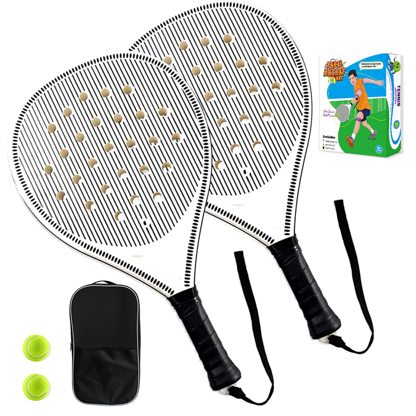 Padel Tennis Schläger – Komplettset für Anfänger – ABS-Rahmen mit Löcher-Netz für optimale Stoßdämpfung, mit 2 Schlägern, 2 Bällen & Tasche, In Weiß