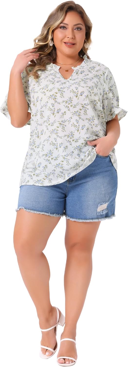 Agnes Orinda プラスサイズ サマートップス 女性用 花柄 Vネック フリル パフ 半袖 カジュアルブラウス