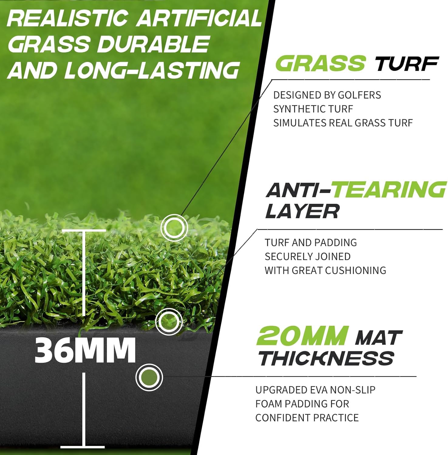 Golf Abschlagmatte 150 x 117 cm, 6 Abschlagpositionen, Kunstrasen, Grün, Faltbar, Ideal für Indoor und Outdoor