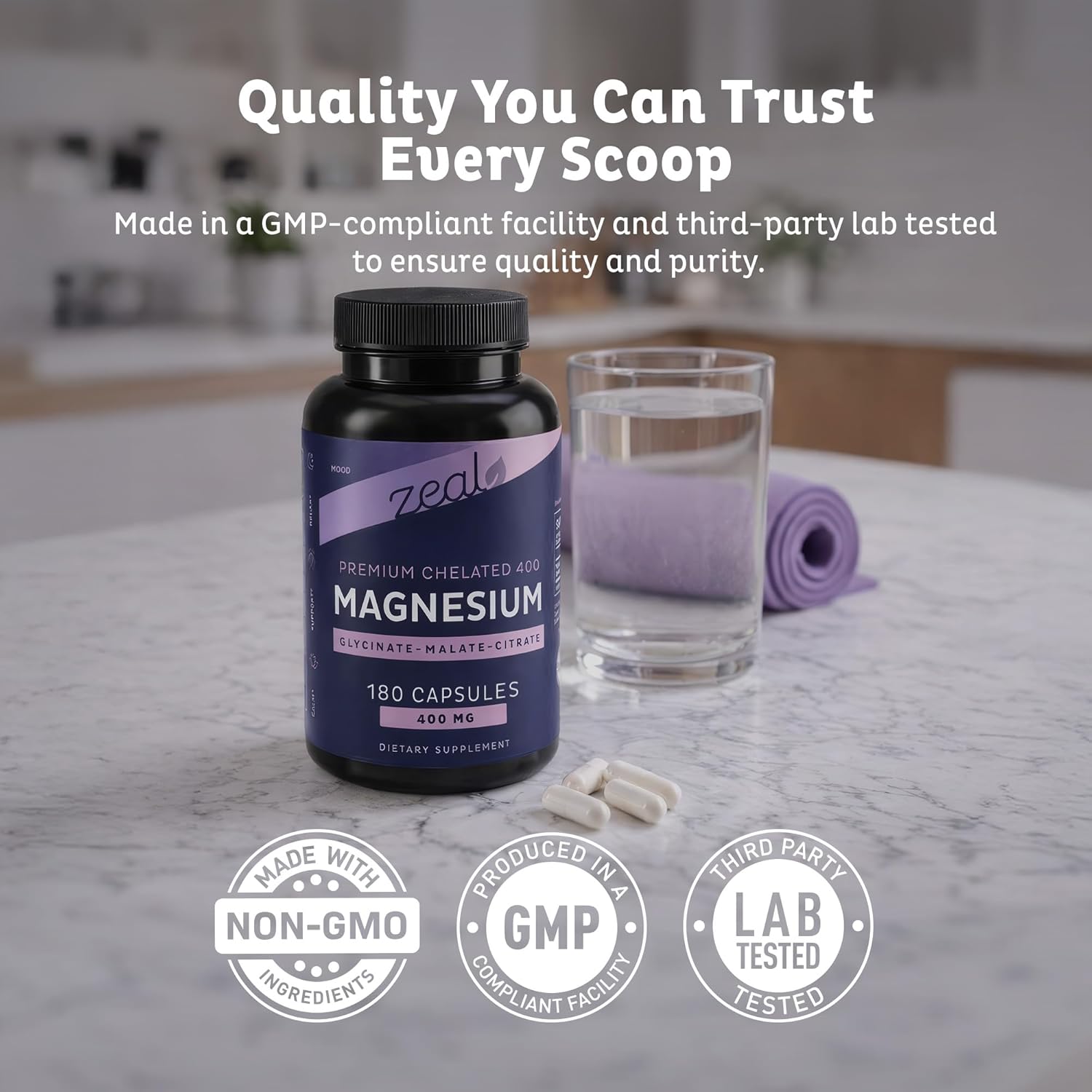Zeal Naturals Triple Magnesium Complex Supplement - Glycinate, Malate, Citrate | 400mg, 180 Capsules | High Absorption Chelated Magnesium for Sleep, Mood, Muscle Recovery, Relaxation - Image 7
