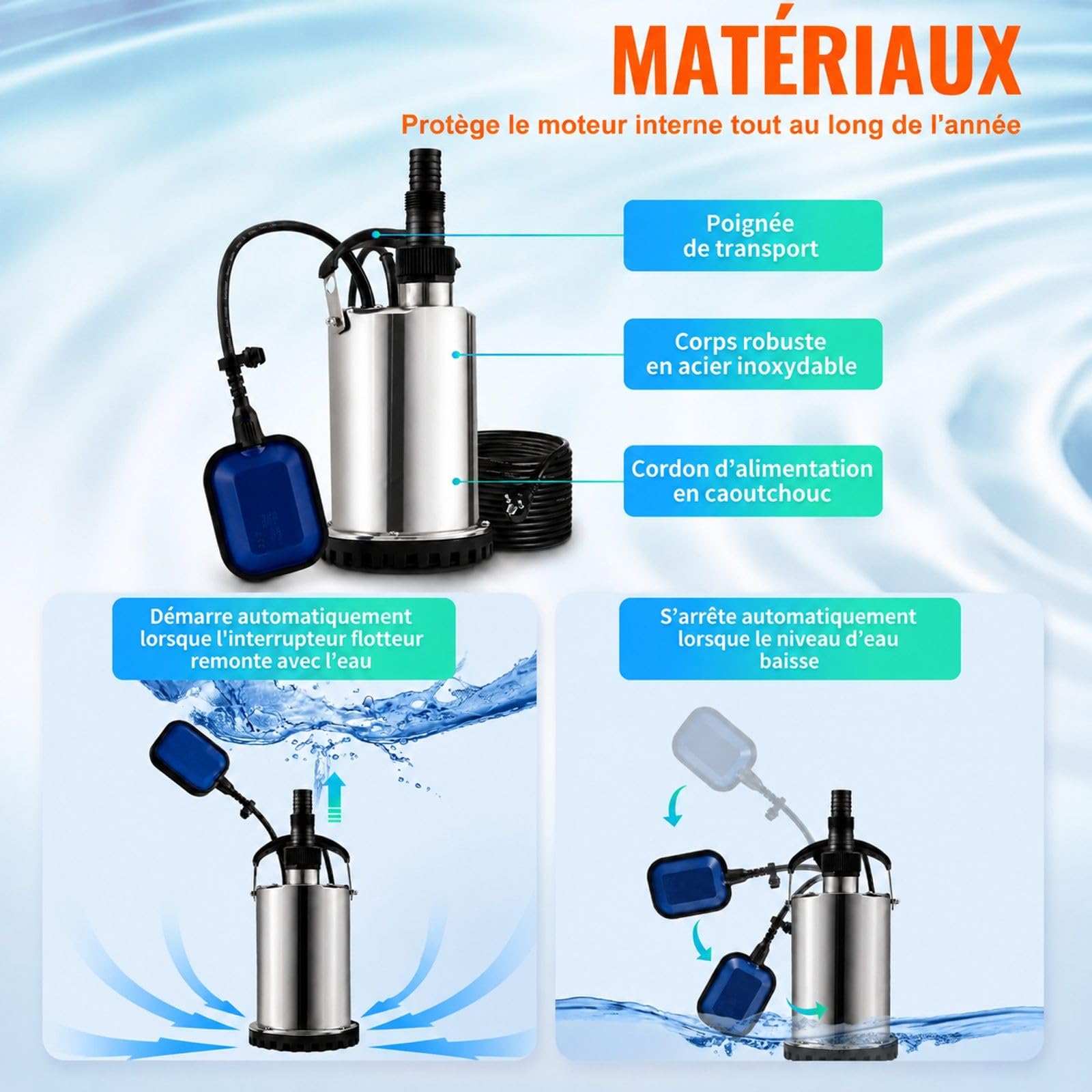Pompe submersible pour eaux chargées 230 V 550 W 9500 L/h pour piscine, cave et étang