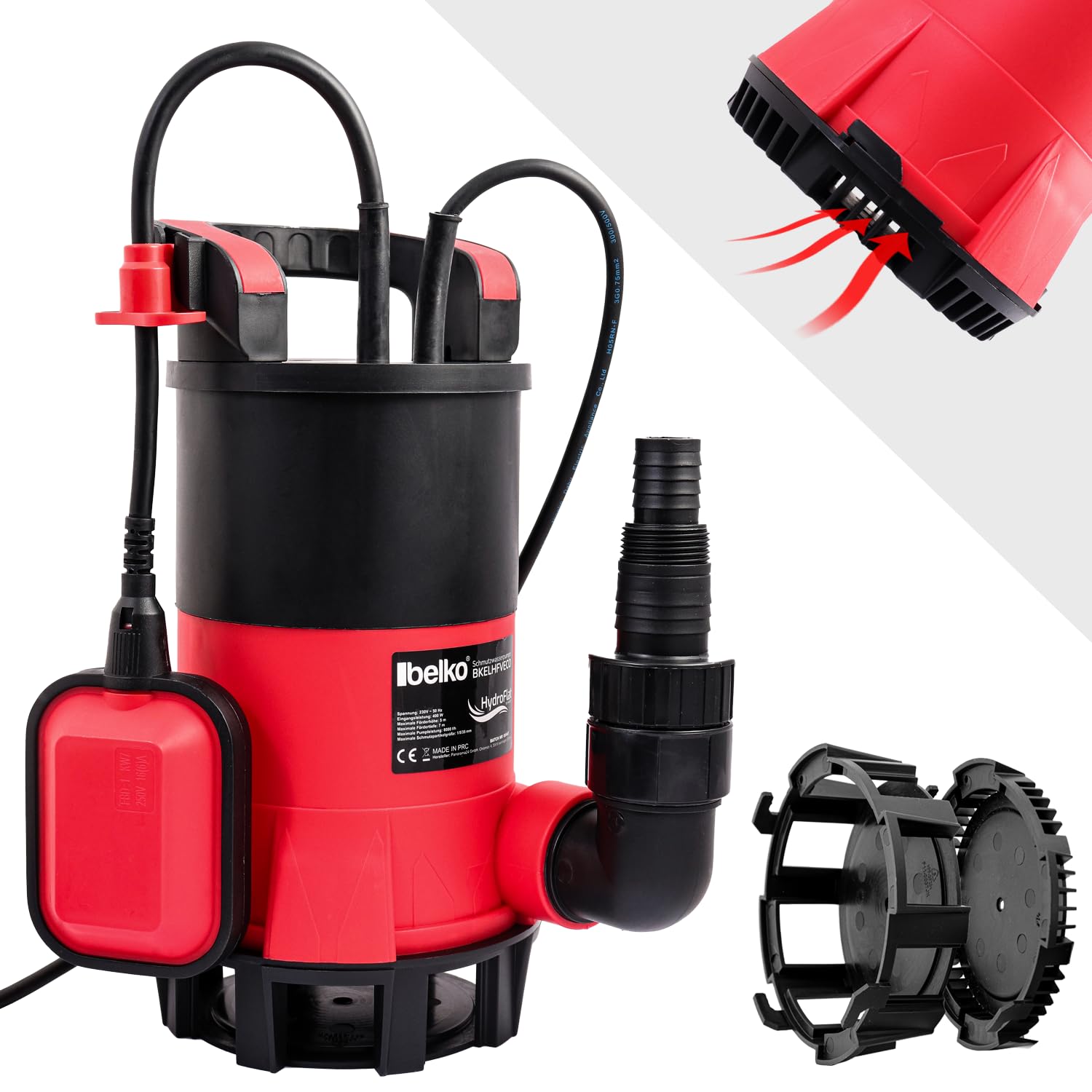 Belko® HydroFlat Vario Eco 400W Schmutzwasserpumpe – Flachsaugend bis 1 mm, 8.000 l/h Förderleistung, Integrierter Schwimmerschalter, Flexibler Kombinippel-Anschluss für Haus & Garten