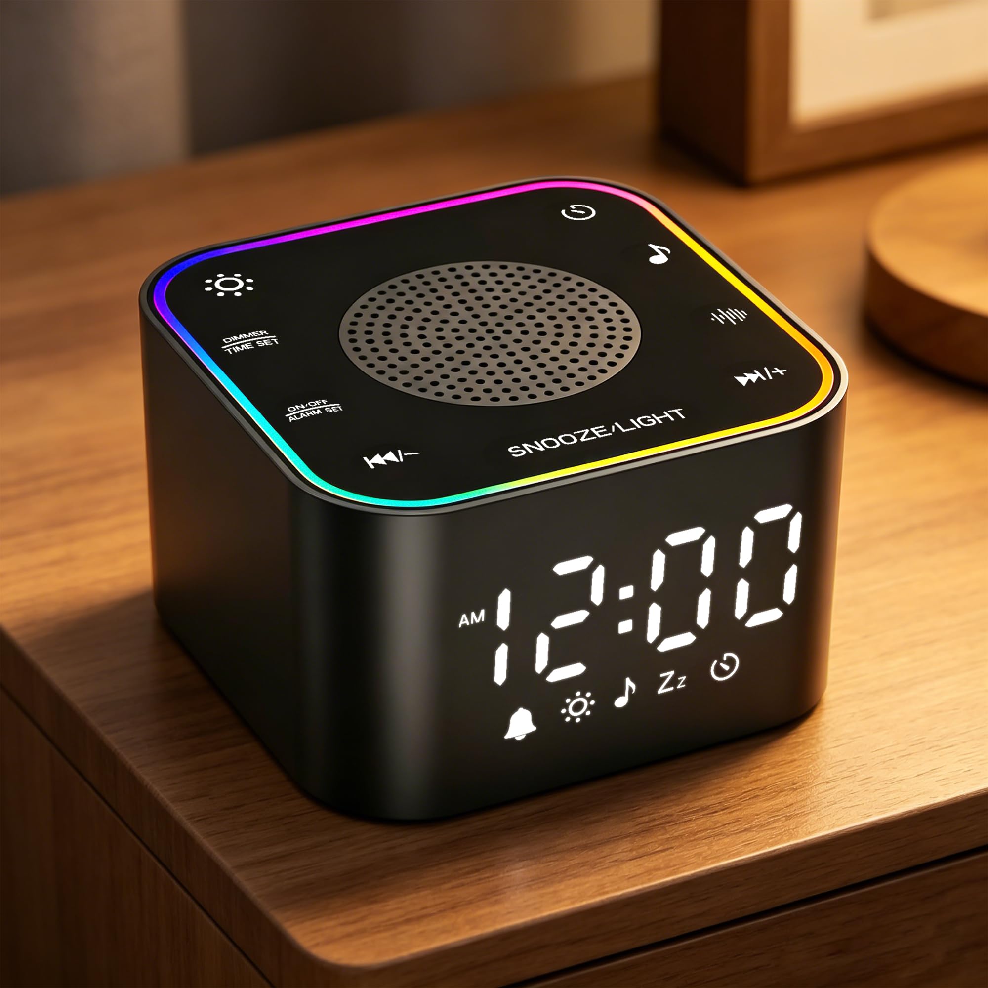 HAITANG Smart Digital Alarm Clock with White Noise Sound Machine for Sleep,Snooze,Timer,12/24H,Night Light,Adjustable Volume,30 Soothing Sounds for Kids,Bedroom black Clock