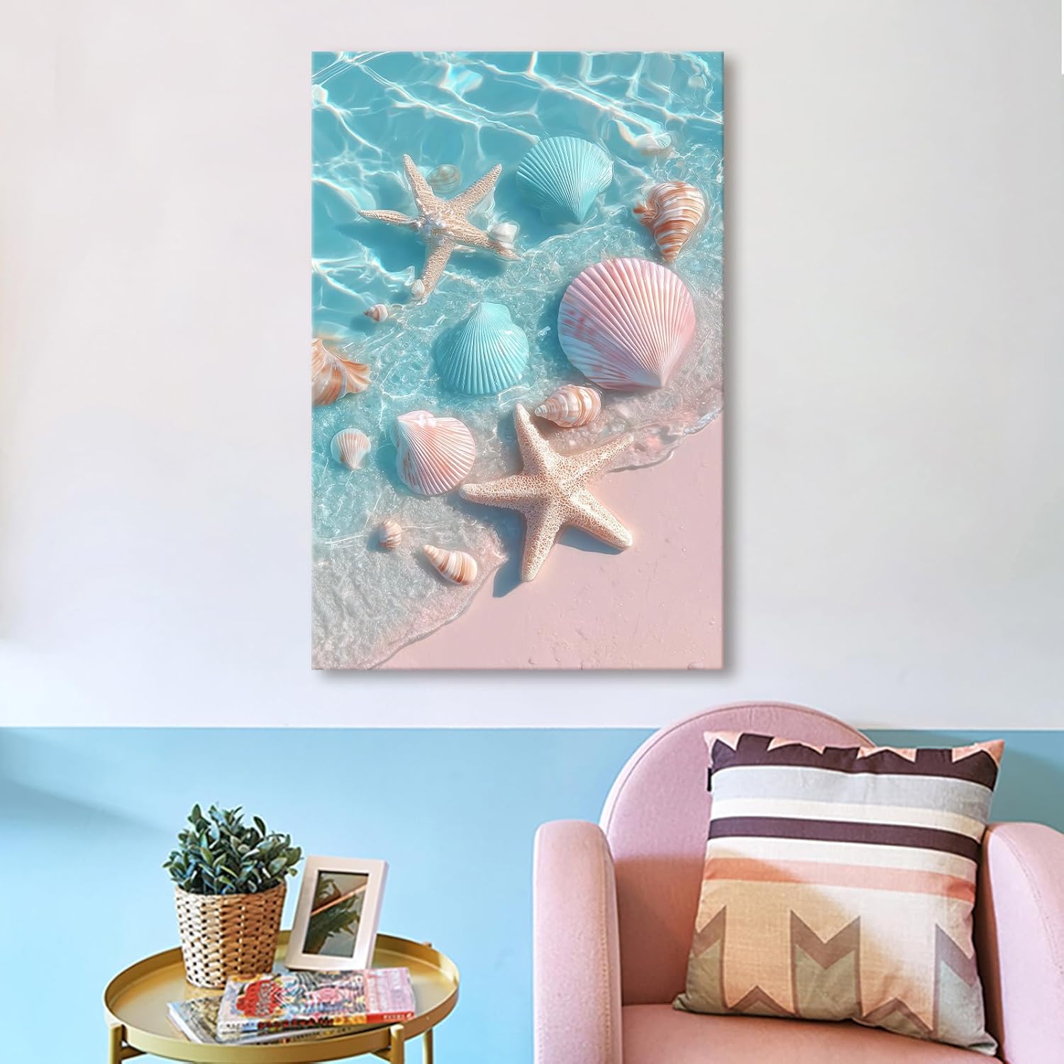 llribbons Bathroom Decor Sea Shells Starfish Canvas Wall Art Dreamy Coastal Seascape Painting Blue Ocean Pink 3D effect Prints for Bedroom Living Room Beach House Home Decor Ready to Hang 12" x 18"