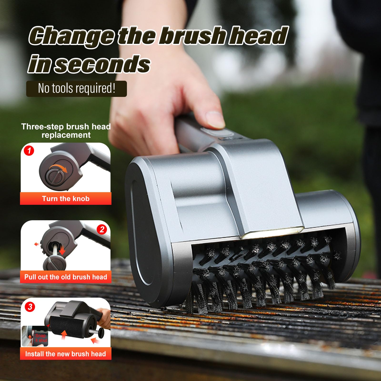 Limpiador De Parrilla Electrico,Electric Grill Brush,Modo De Limpieza De 2 Velocidades, Modo De Iluminación Led, Viene con 3 Cabezales De Cepillo De Diferentes Materiales, Adecuado para Parrillas