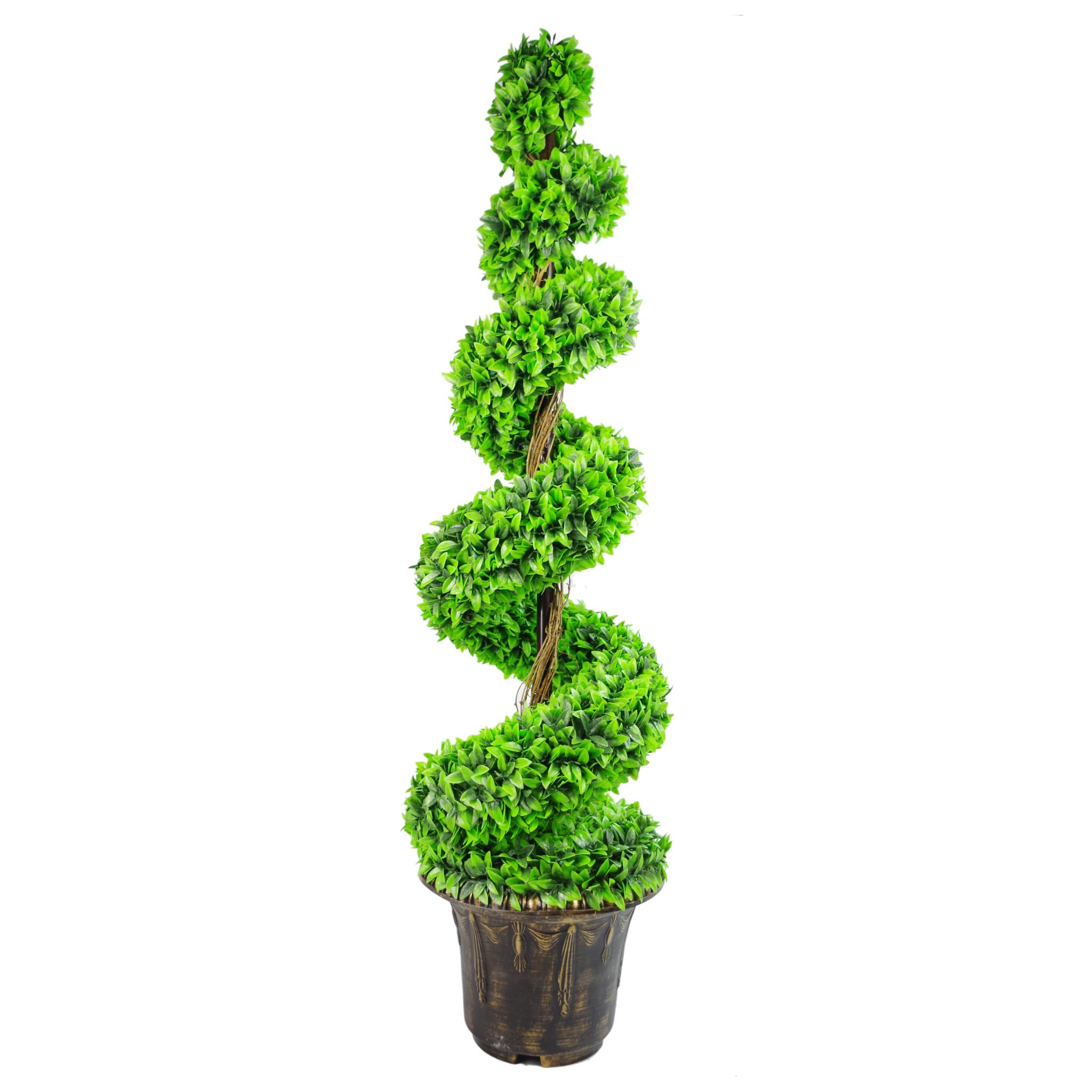 120cm Green Large Leaf Artificial Boxwood Spiral Tree with Decorative Planter - Leaf Brand
