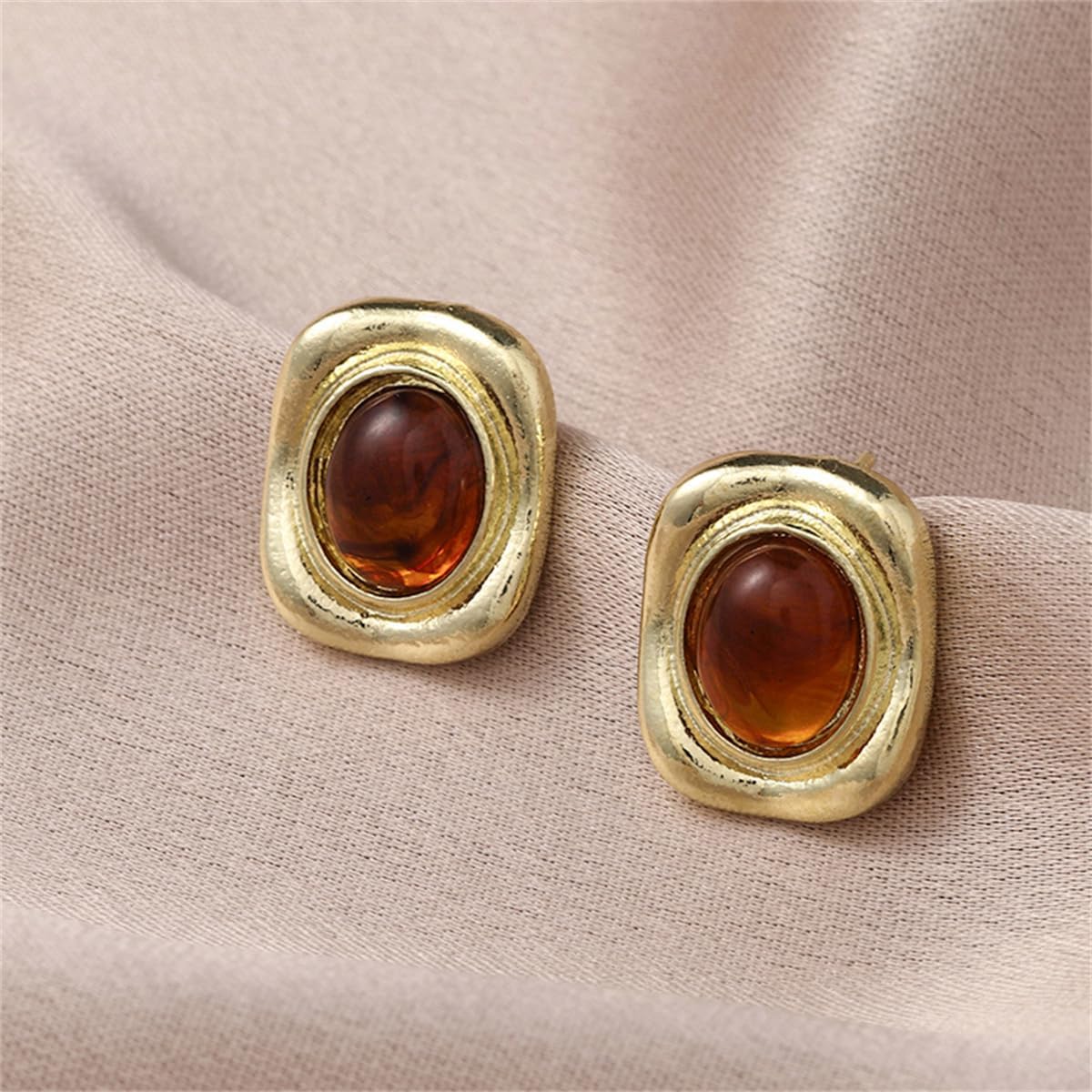 Chunky Geometric Tiger Eye Stud Earrings for Women Gold-Toned Square Oval Retro Stone Studs Earring Vintage Cartilage Tragus Piercing Wedding Party Jewelry - Image 3