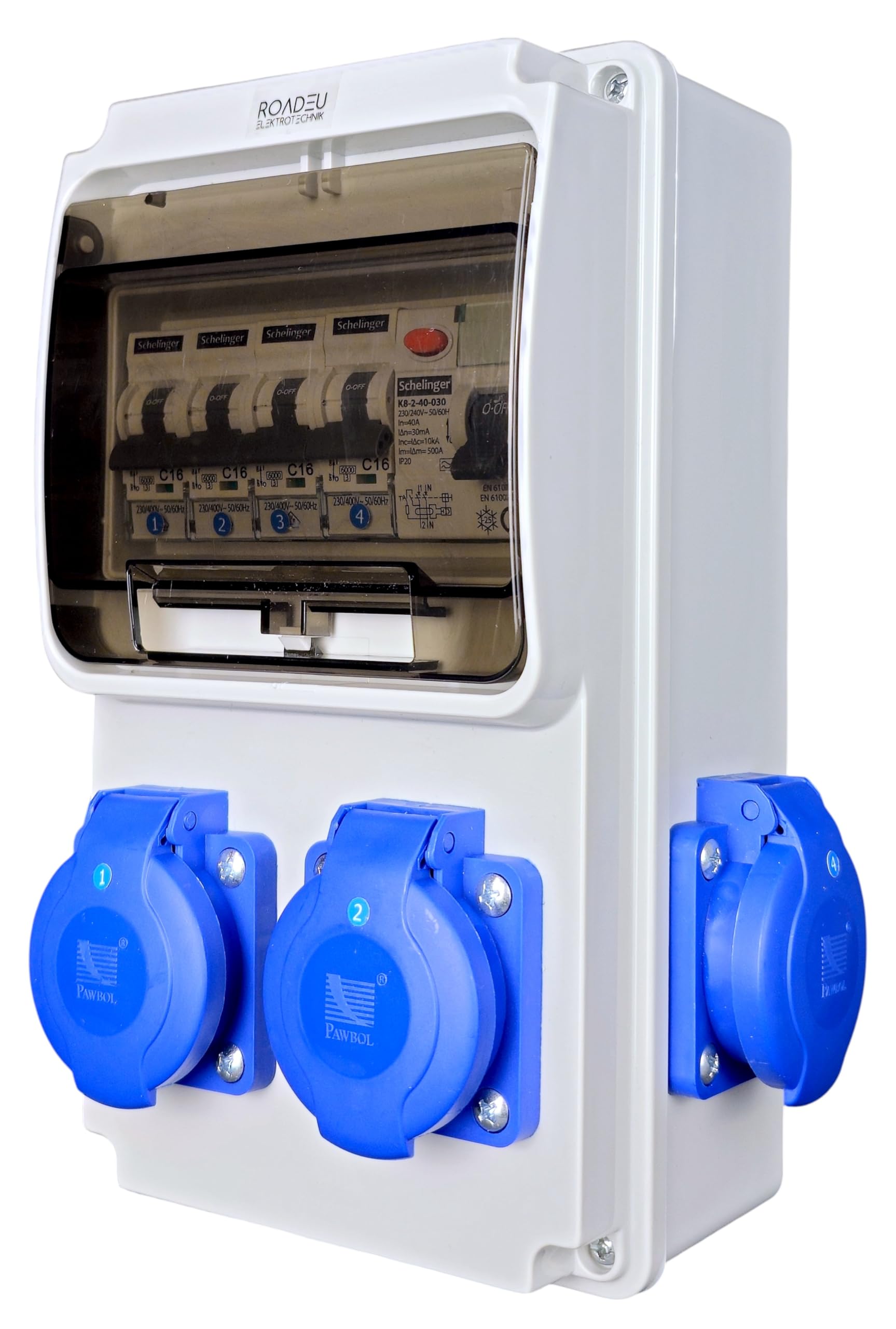 RoadEu - Coffret de Chantier 230V, 4x Prises avec interrupteur, IP44 Distributeur de Prises avec disjoncteur différentiel 40A type A/AC, 4x LS C16A. Idéal pour les ateliers, les garages et les usines