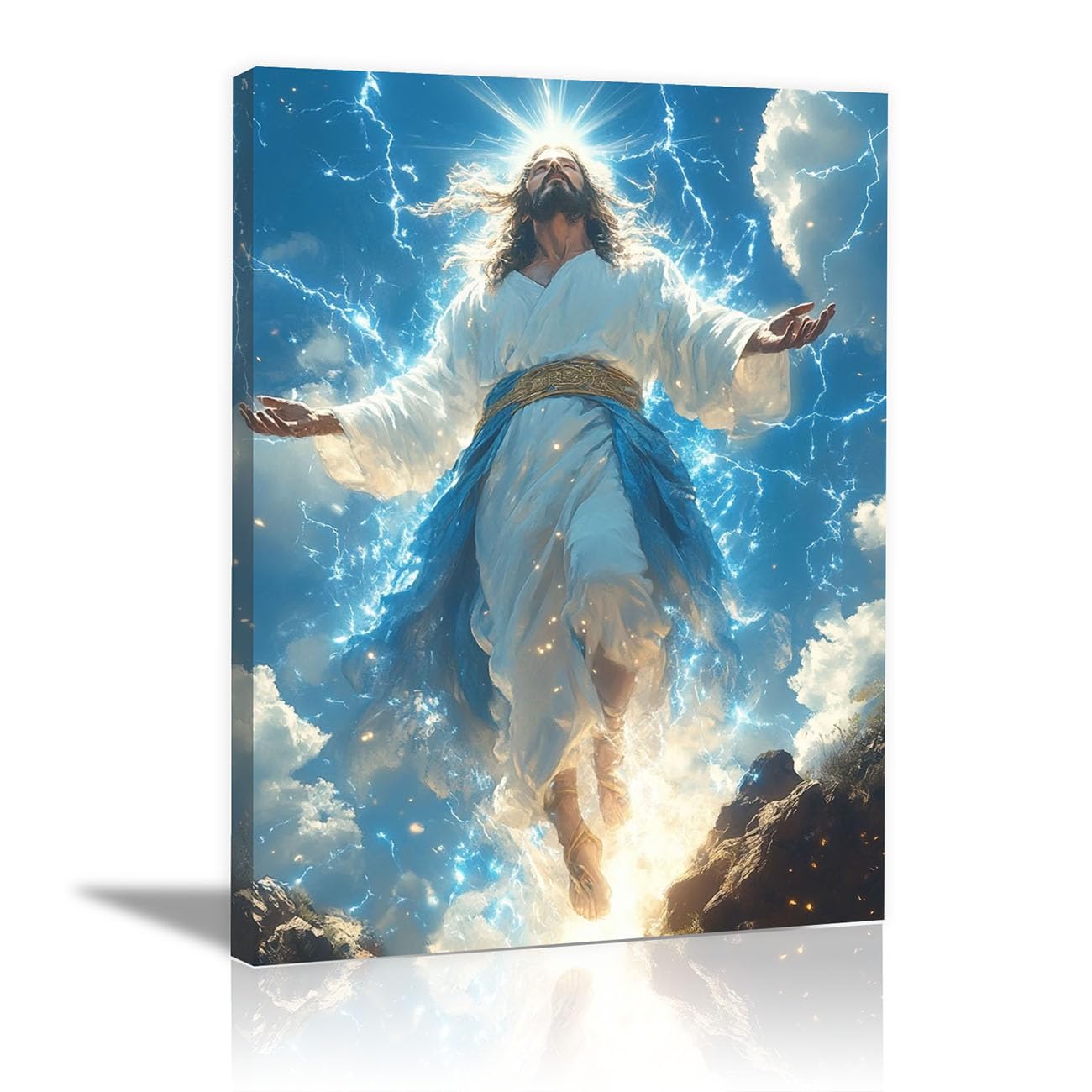 QUSAAOU Canvas Wall Art Jesus Abstract Portrait Jesus icture Christianity Cross Poster Print Painting for Living Room Bedroom Prayer Room Home Decorate(blue)-80x120cm Unframed