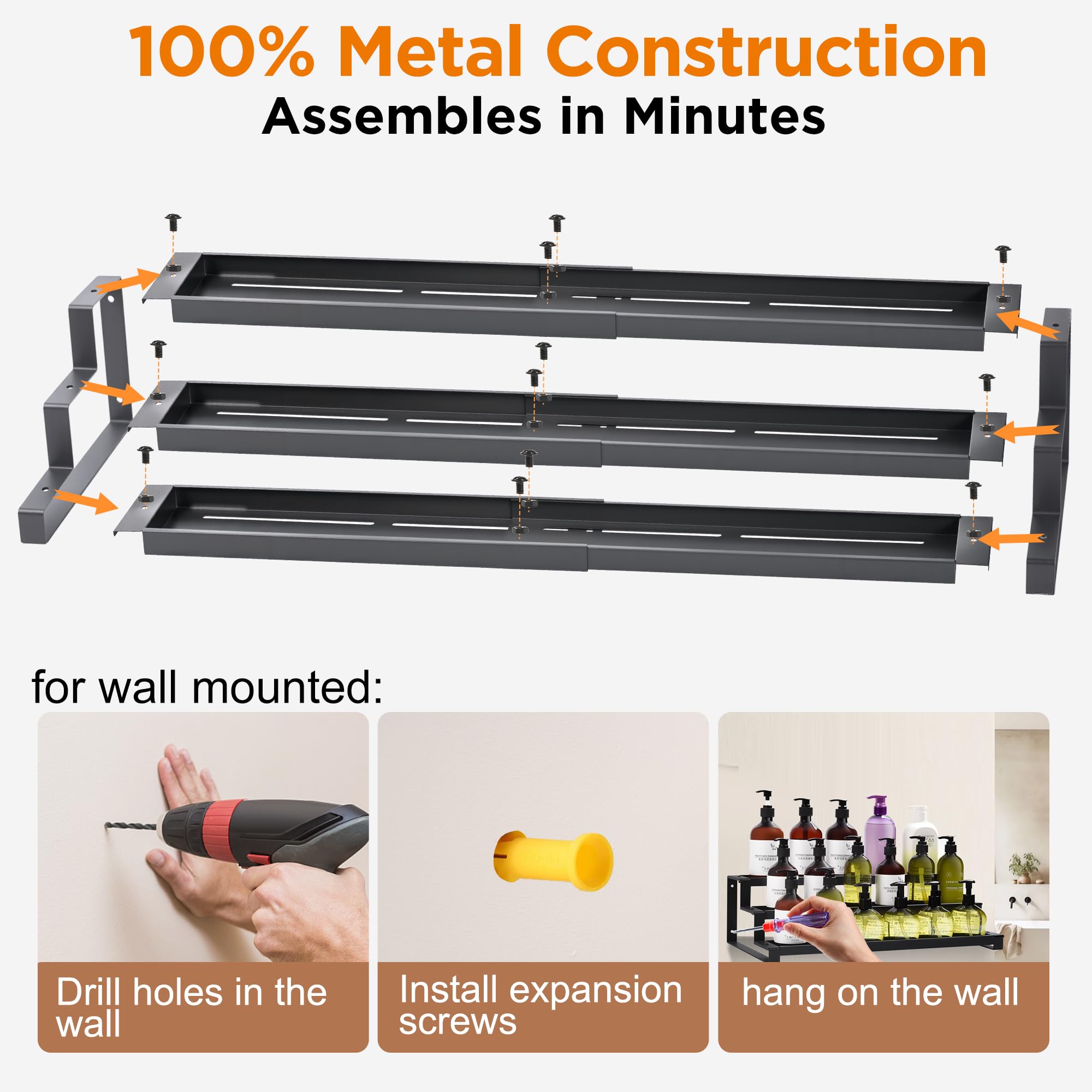 GOENDR Estante de especias de 3 niveles para armario interior, organizador de especias expandible de 41-75 cm, organizador grande de condimentos, estante para tarros de especias para encimera de