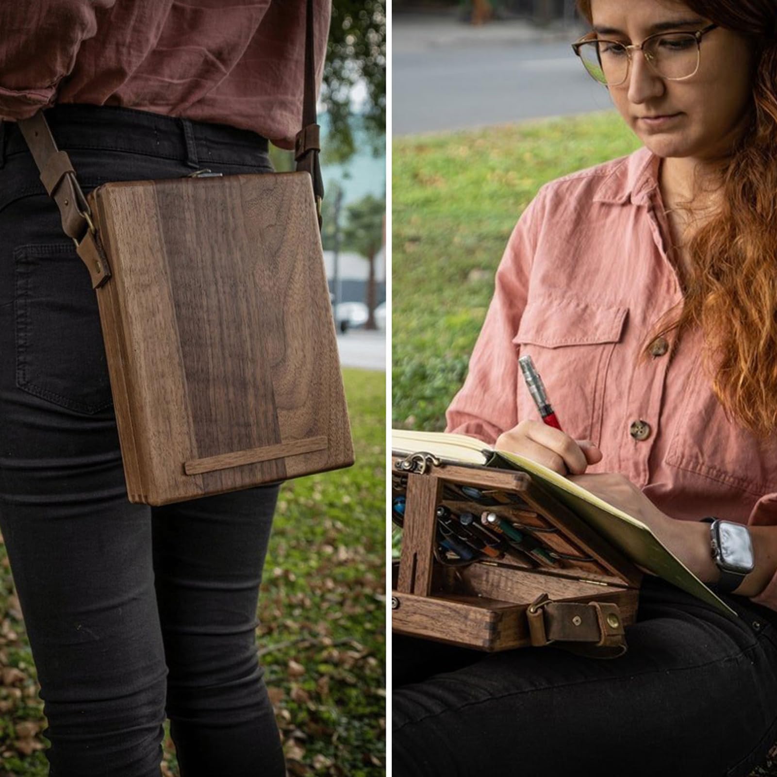 Scatola in legno per scrittori messenger, da tavolo, per pittura, pennelli, artistici, borsa multiuso in legno di noce, borsa a tracolla per schizzi, disegno, pittura e scrittura