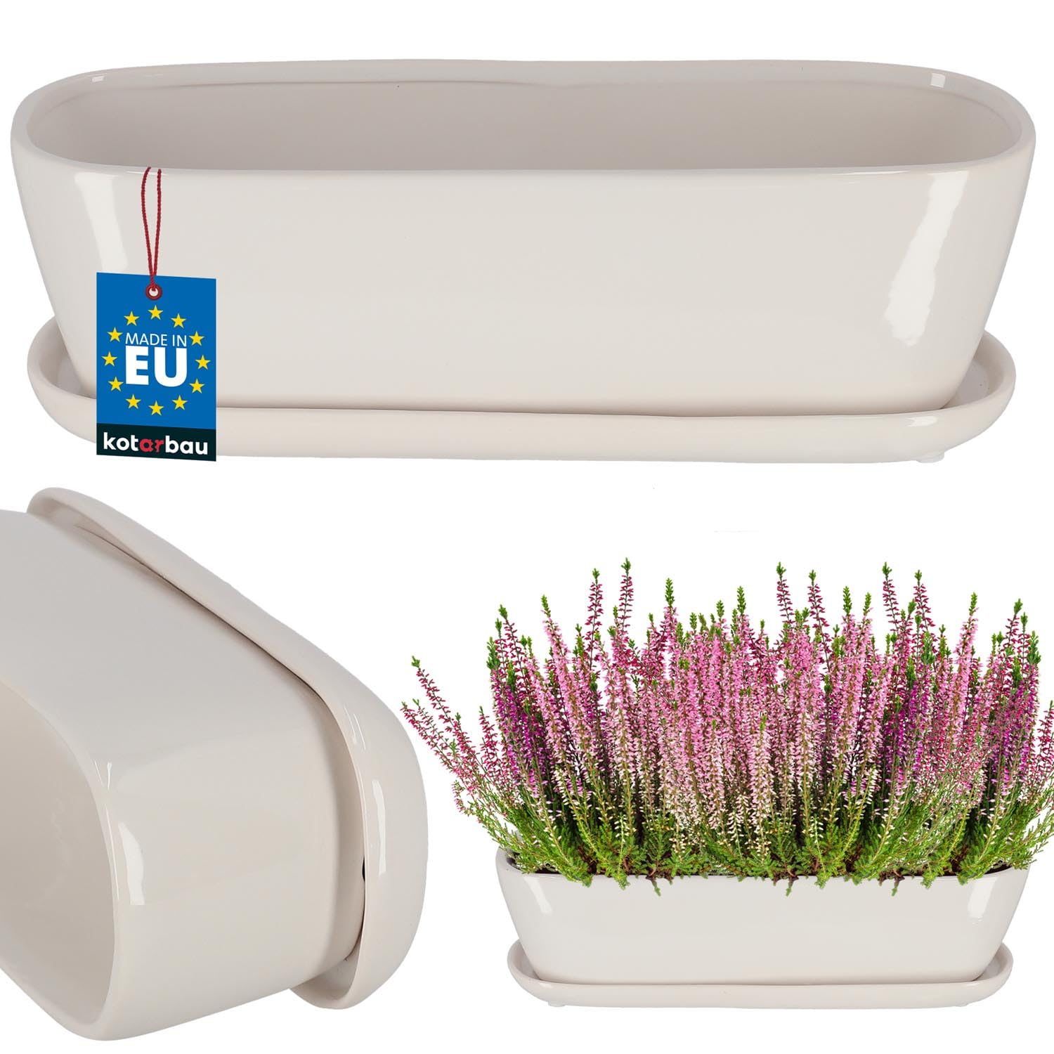 KOTARBAU® Ceramic Flower Box with Saucer 32 x 10.5 x 11 cm White Plant Pot Flower Box Planter Flower Box Balcony Plant Pots Flower Pot Herb Pot Windowsill