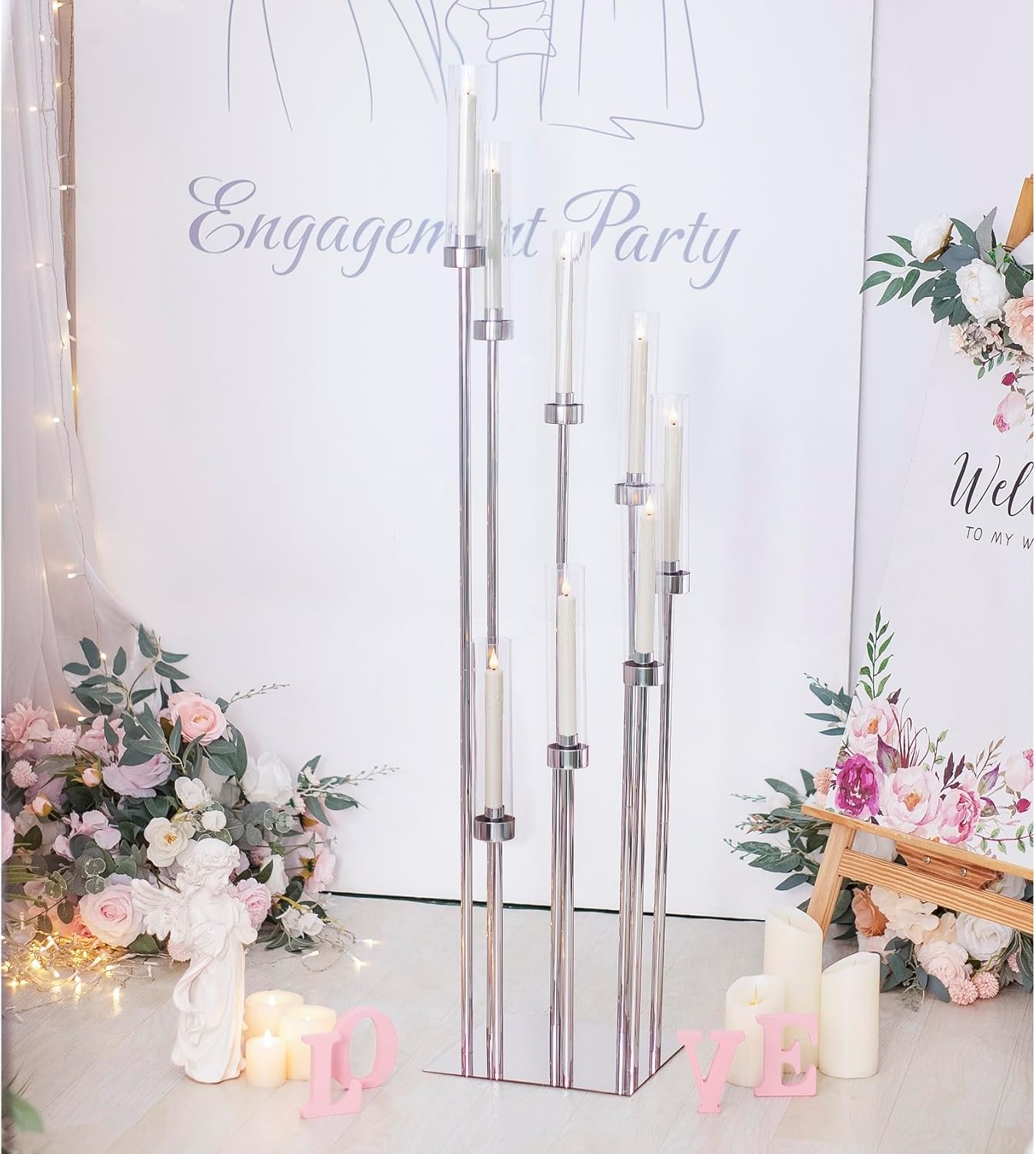 Floor Candle Holder with Acrylic Lampshade, 49.2in Tall Acrylic Candlestick Holder for Taper LED Candles, Silver Candelabra Centerpiece for Table Wedding Party Event Reception Home Decoration (Silver)