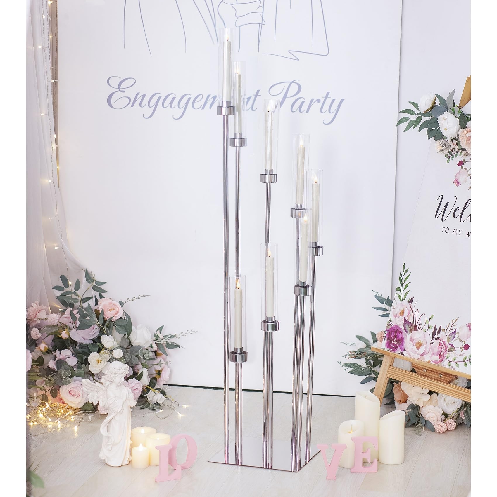 Portacandele da pavimento con paralume in acrilico, alto 125 cm, per candele LED coniche, centrotavola dorato per tavolo, matrimoni, feste, eventi, ricevimenti, decorazione per la casa (argento)