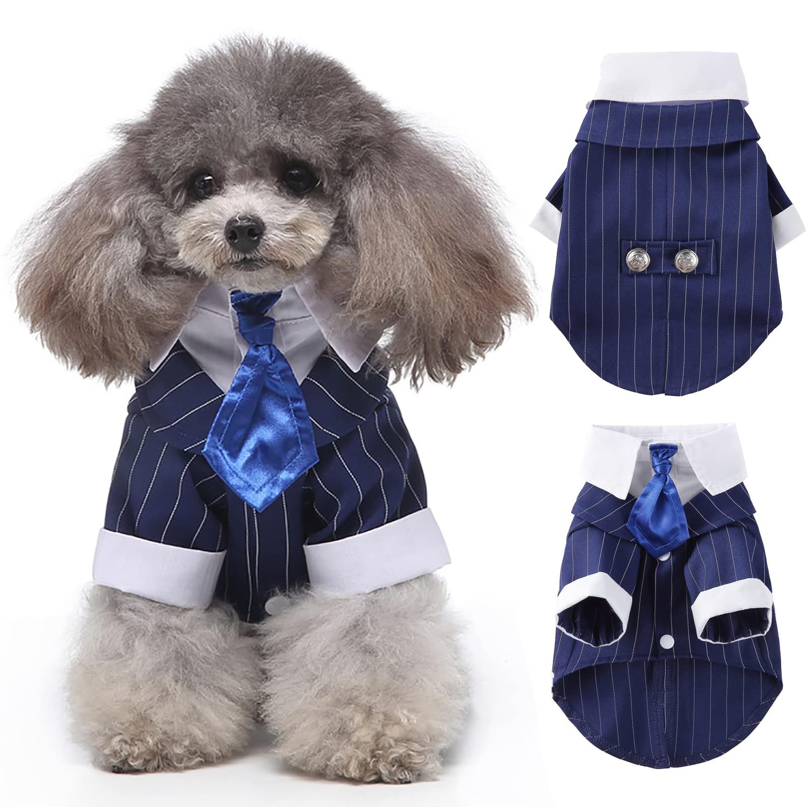 DENTRUN Navy Blue Dog Tuxedo - Formal Pinstripe Pet Suit Shirt with Satin Tie, Elegant Wedding Outfit Birthday Party Attire for Maltese Dachshund