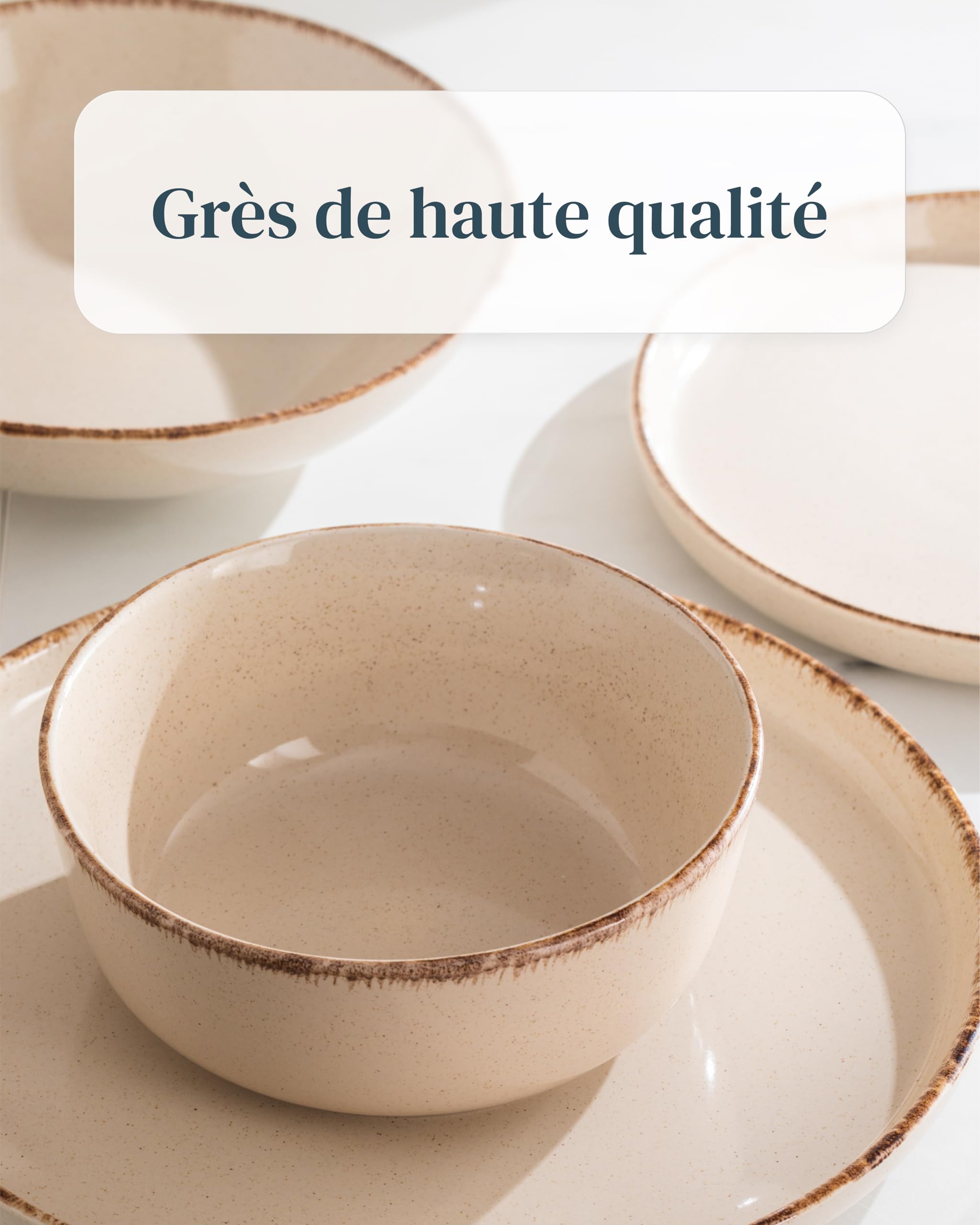36 Piece Dinnerware Sets for 12 - Rustic design crockery set, dishwasher safe - Bowl and plate set - Pure Living dinnerware in beige